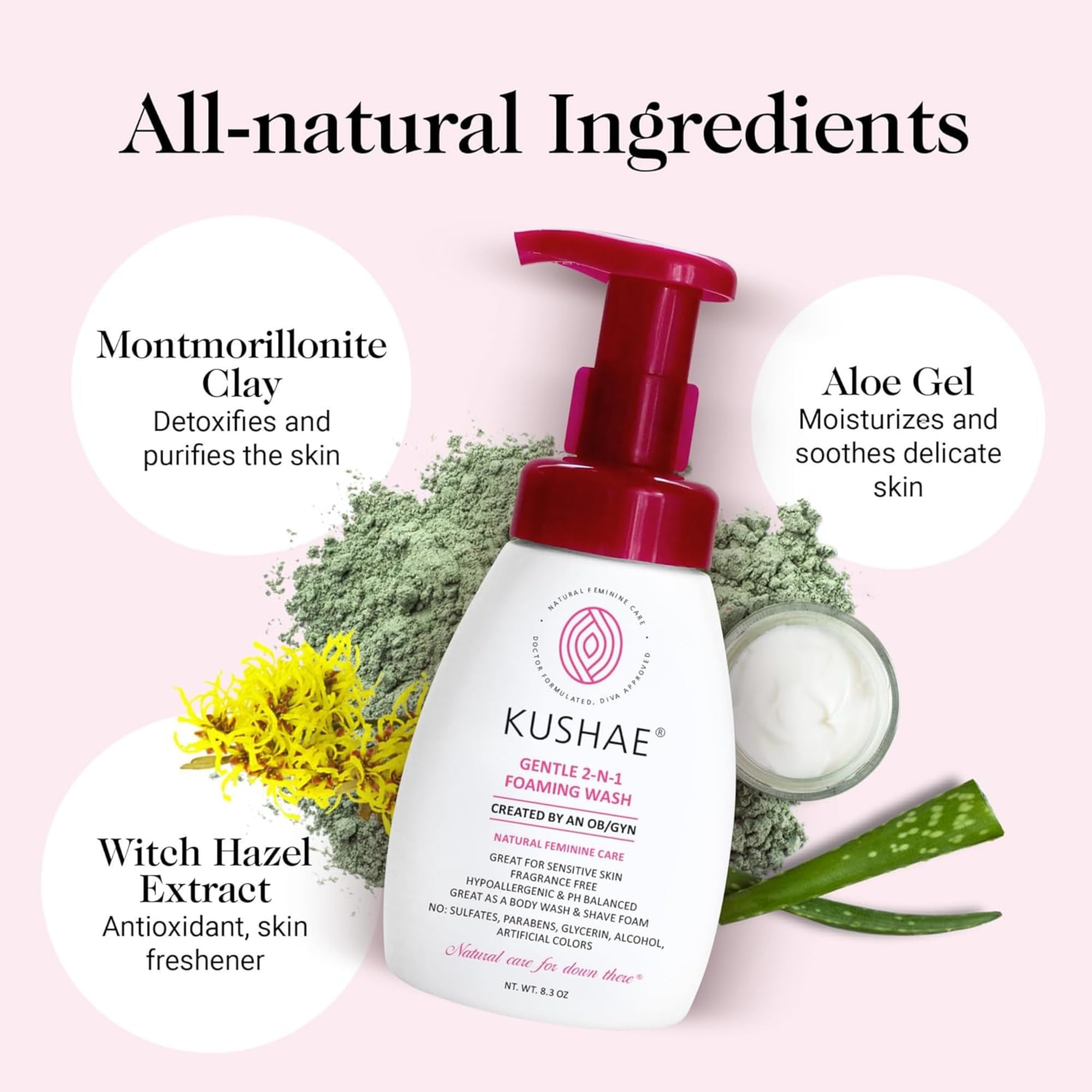 Kushae Gentle 2-in-1 Foaming Feminine Wash | pH Balanced Intimate Cleanser for Sensitive Skin | Fragrance-Free & Hypoallergenic Daily Use | 8.3 oz | Perfect for Post-Workout Refreshment & Travel Hygiene