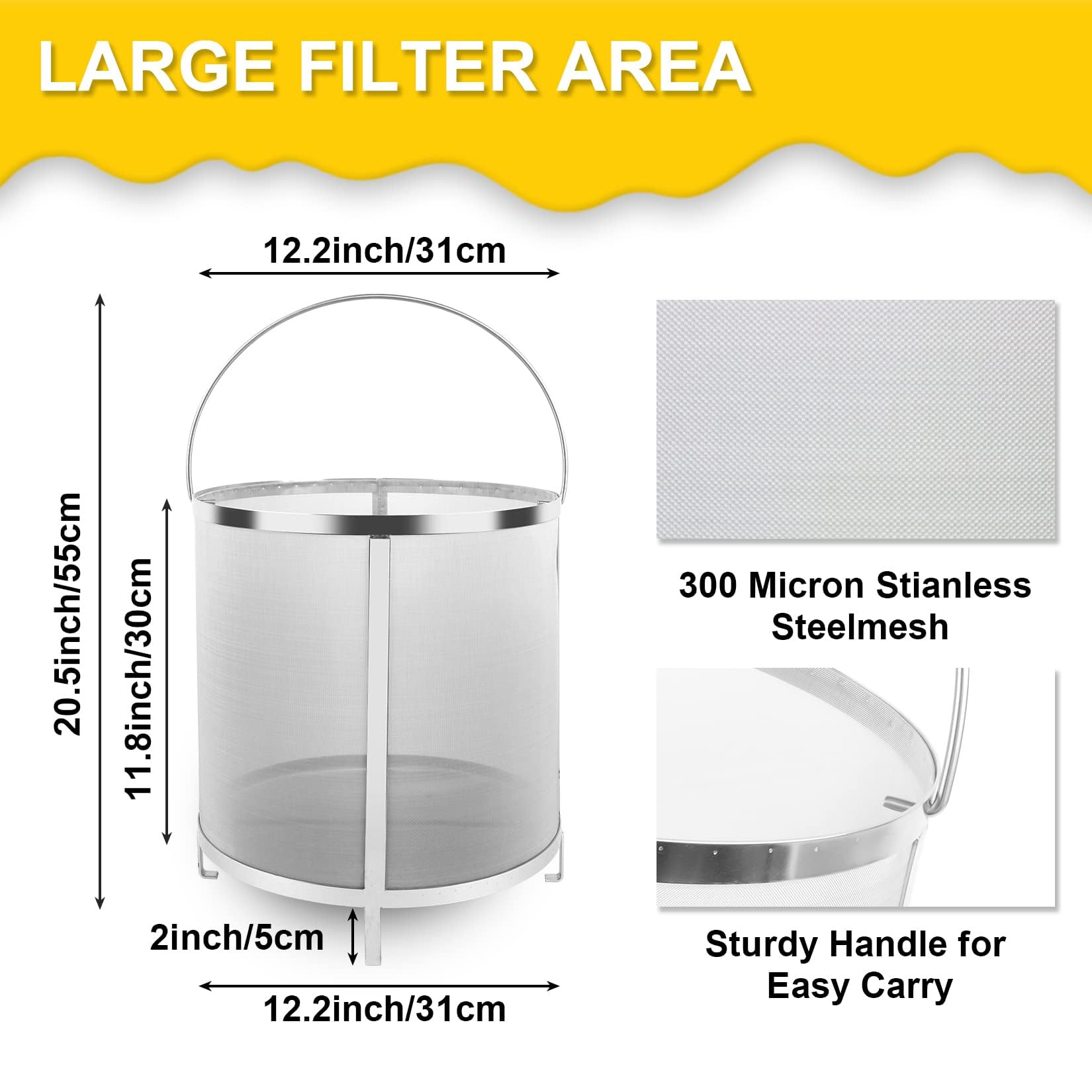 11.8×12.2 Inch (30×31cm) 300 Micron Mesh Homebrew Grain Basket Strainer - Premium Beer, Wine & Tea Brewing Filter for Hops, Kettle & Barrel - Perfect for Home Brewing, Craft Beer Making & Herbal Tea Infusion