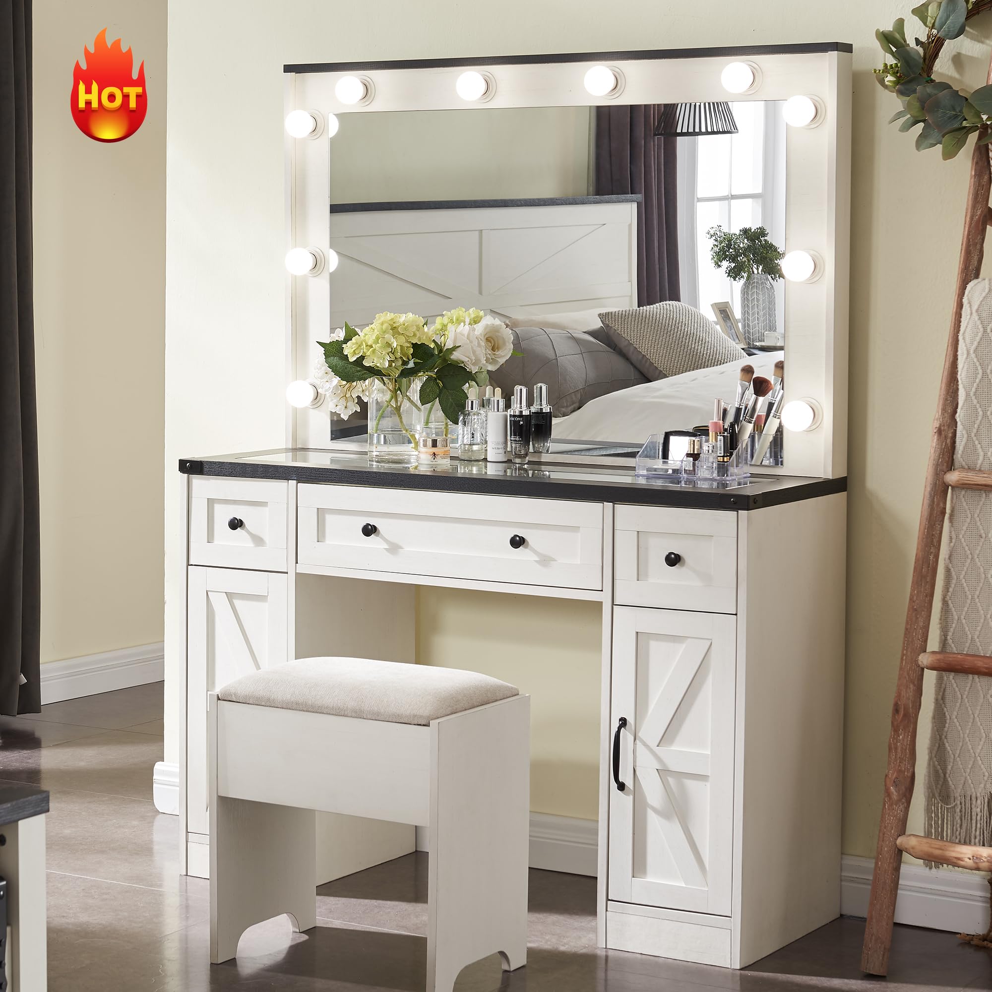 Farmhouse Vanity Desk with Hollywood Makeup Mirror - White Bedroom Vanity Set with 3 Drawers & 2 Cabinets, Detachable Light Bulbs & Stool Included - Perfect for Makeup, Dressing Room, and Bedroom Decor