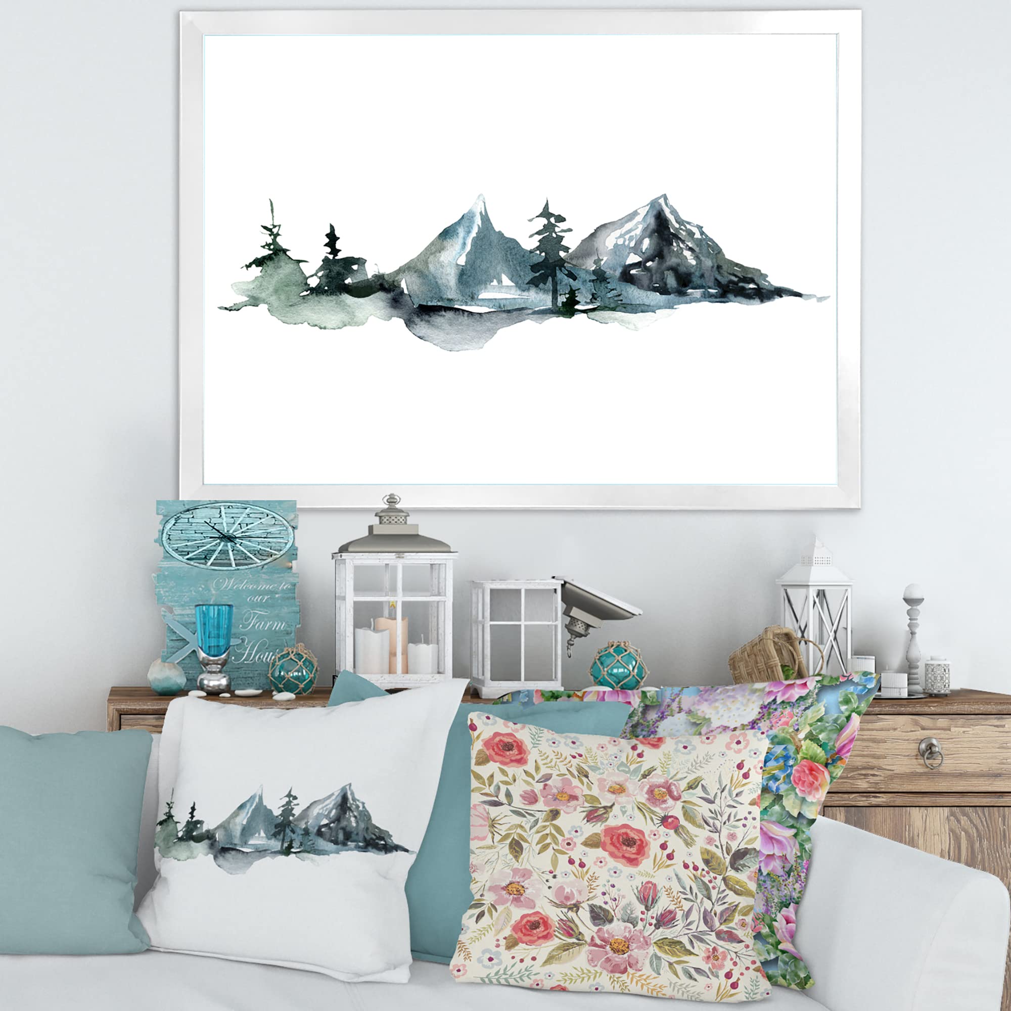 DesignQ Minimalist Winter Mountains & Fir Forest III - Modern Framed Wall Art for Living Room, Bedroom & Office Decor