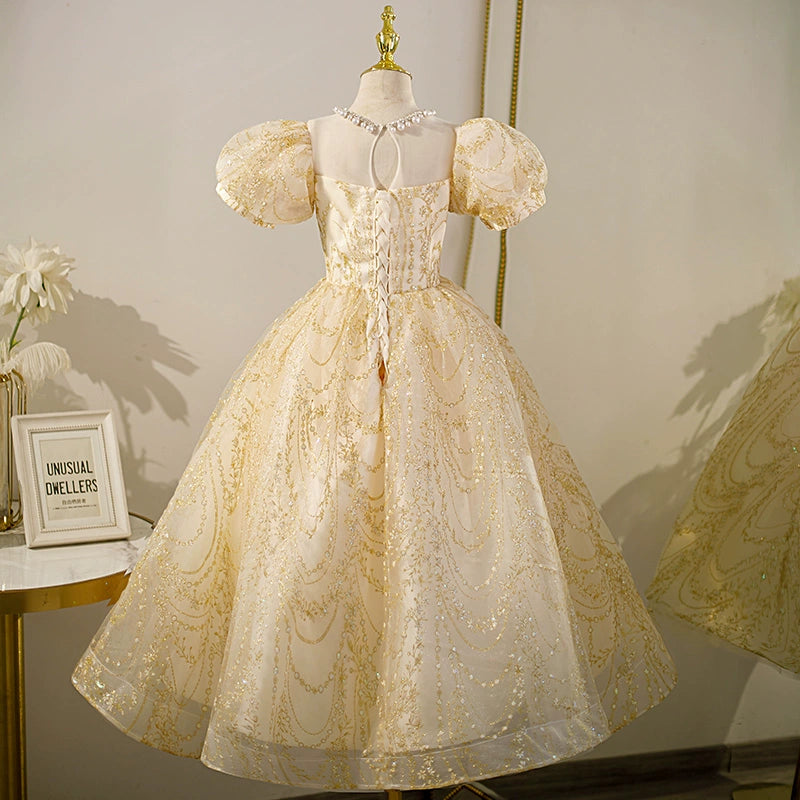 Gold Princess Jewel Neck Floor Length Sequined Flower Girl Dress for Weddings, Pageants & Special Occasions