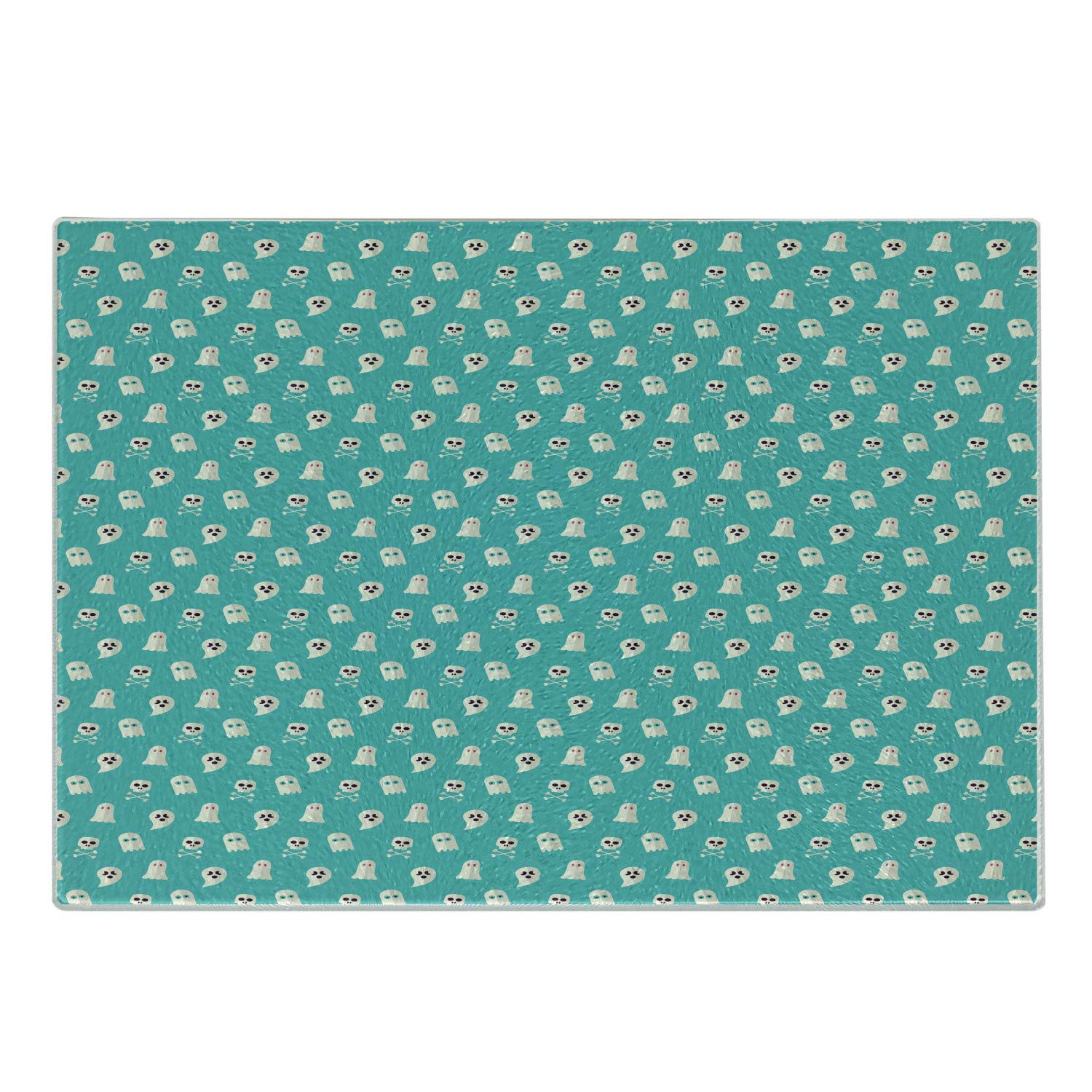 Ambesonne Ghost Cutting Board - Halloween Themed Scary Ghosts, Skulls & Bones Design on Turquoise Glass - Small Tempered Glass Serving & Chopping Board for Halloween Party Decor, Kitchen Use & Gifts - Turquoise & Eggshell