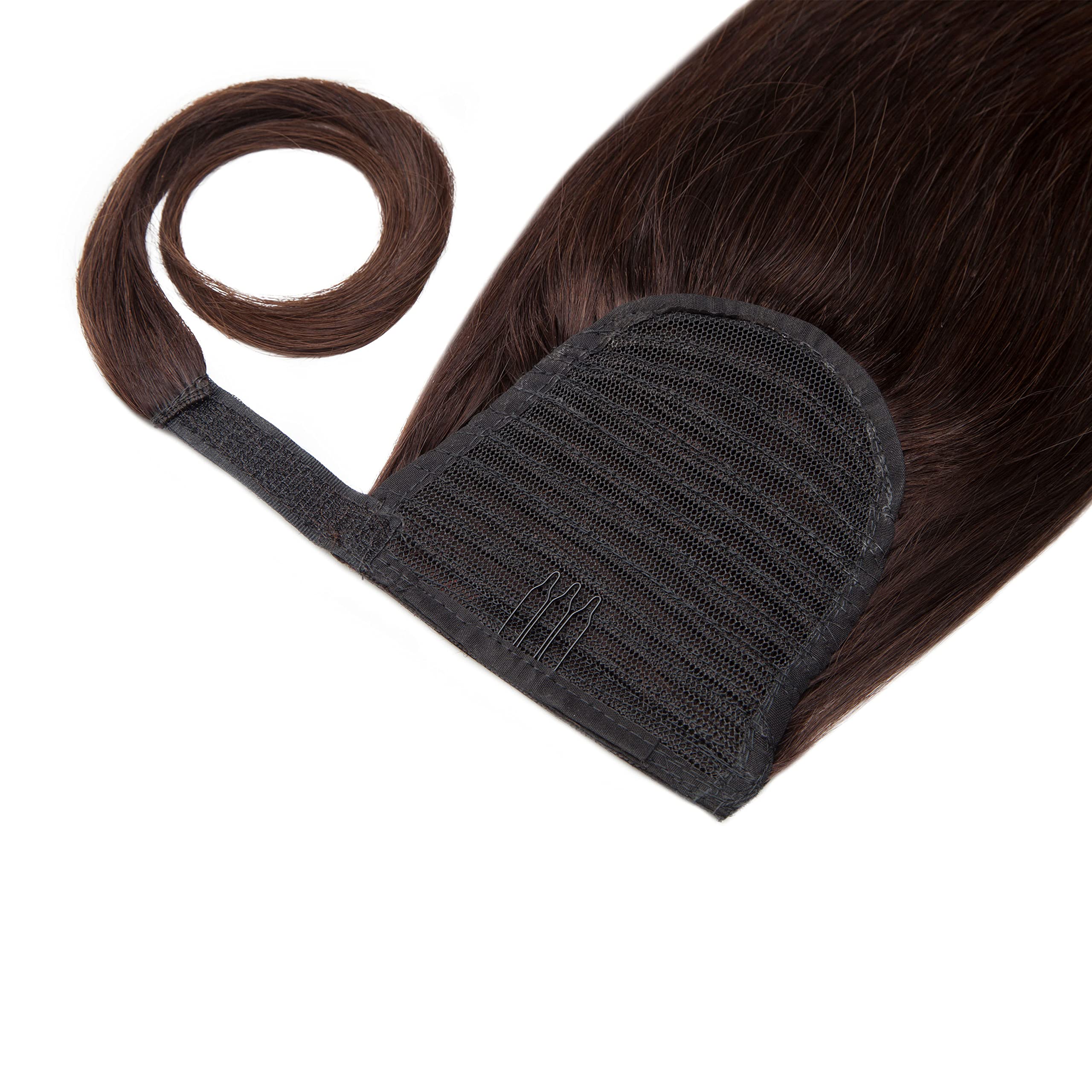 20 Inch Dark Brown Human Hair Ponytail Extensions for Women - Straight Clip-in Ponytail with Comb & Magic Paste Binding | Perfect for Parties, Weddings & Everyday Styling | #2 Hair Color