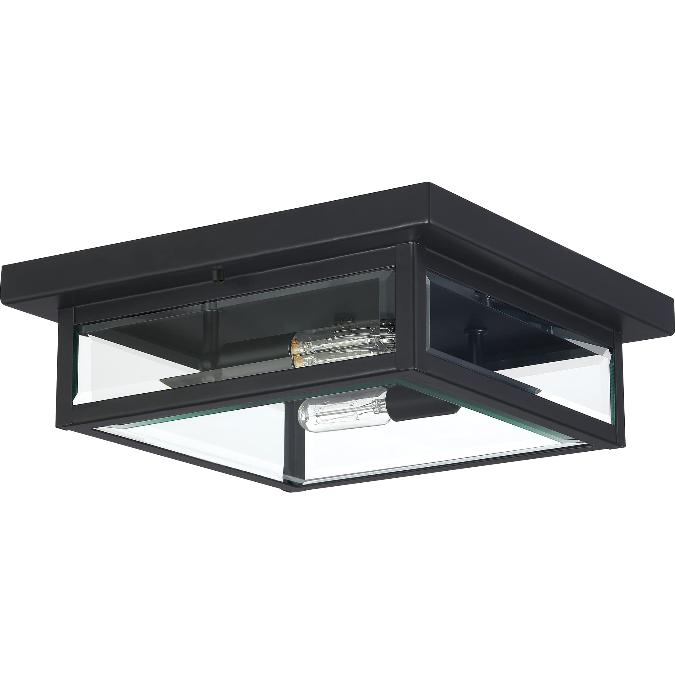 Quoizel Westover 12 Inch 2-Light Flush Mount Ceiling Light - Earth Black Industrial Lantern with Beveled Glass - Perfect for Hallway, Kitchen, Bedroom, Bathroom & Dining Room Lighting