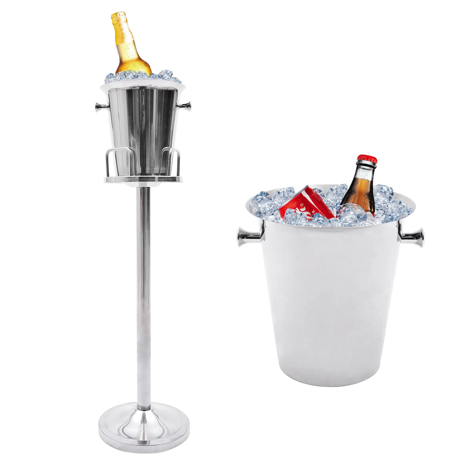 Stainless Steel Ice Bucket with Stand - Premium Champagne Wine Beer Cooler Chiller with Handle for Home, Bar, KTV & Party Use - Durable Ice Cube Container for Beverages (Silver)