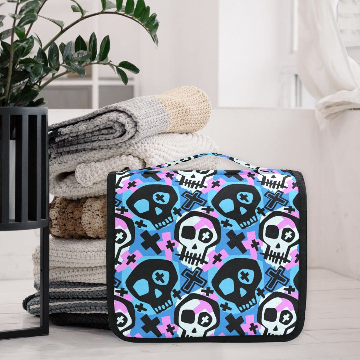 Goth Skull Toiletry Organizer - Hanging Travel Cosmetic Bag for Women, Portable Waterproof Makeup & Wash Bag | Perfect for Goth Travel, Camping & Bathroom Storage