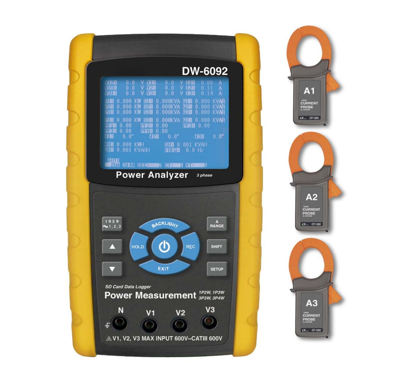 DW-6092 3 Phase Power Analyzer Meter Tester - Real-Time Data Logger with 3 CP-1200 Current Probes (20A/200A/1200A) | 1P2W, 1P3W, 3P3W, 3P4W | Ideal for Industrial Electrical Testing & Energy Monitoring