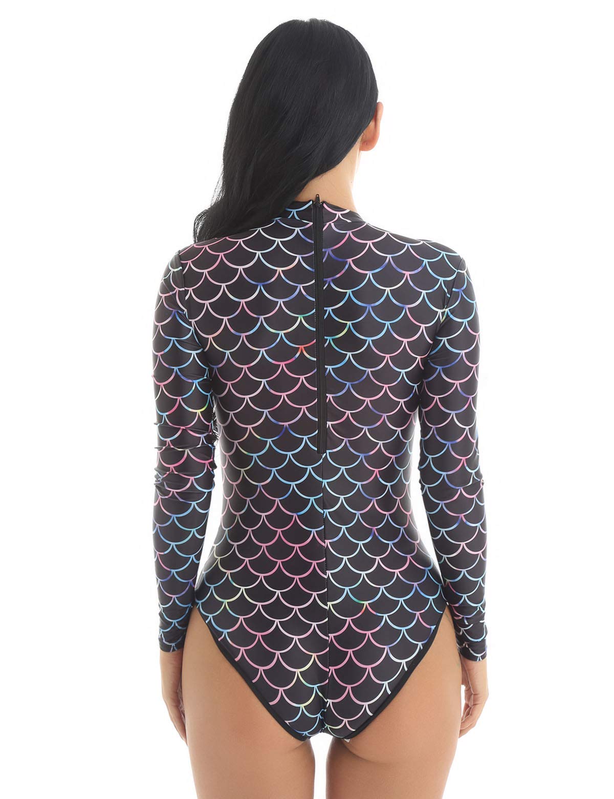 ACSUSS Women's Long Sleeve Rash Guard Swimsuit - Mermaid Scale Print UPF 50+ Sun Protection for Surfing, Swimming & Beach Activities