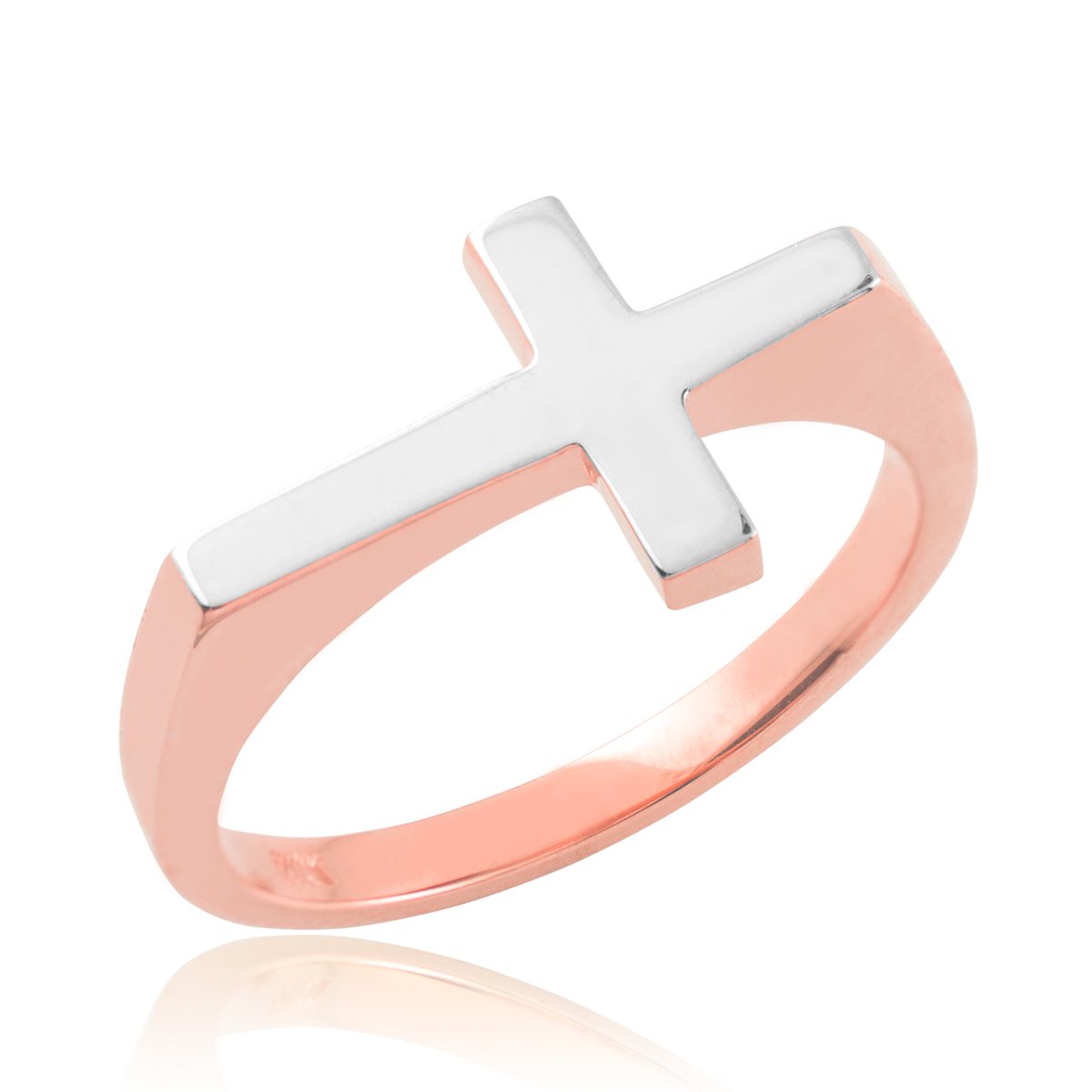 14K Two-Tone White and Rose Gold High Polish Flat Top Sideways Cross Ring for Women - Elegant Stackable Band Jewelry for Everyday Wear, Gift Giving & Special Occasions
