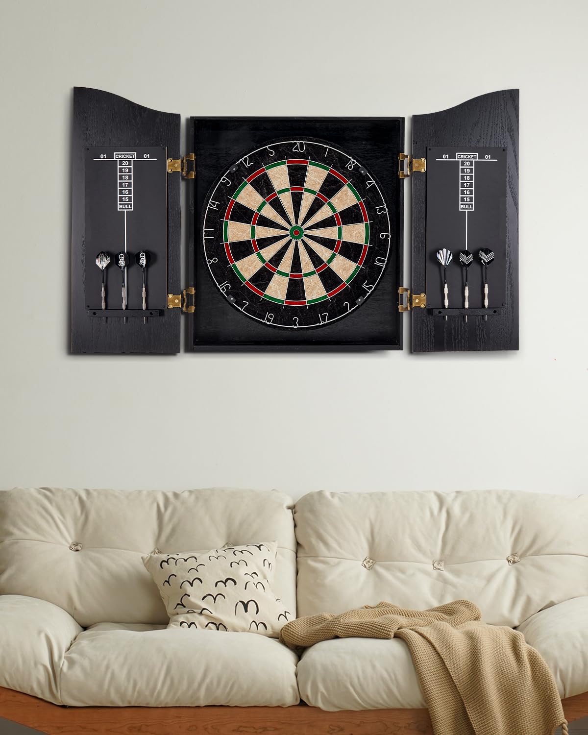 Premium Sisal Dart Board Cabinet Set with 12 Steel Darts - Wooden Dartboard Cabinet with Integrated Scoreboard for Adults & Family Game Rooms - Perfect for Home Bars, Game Rooms, and Man Caves