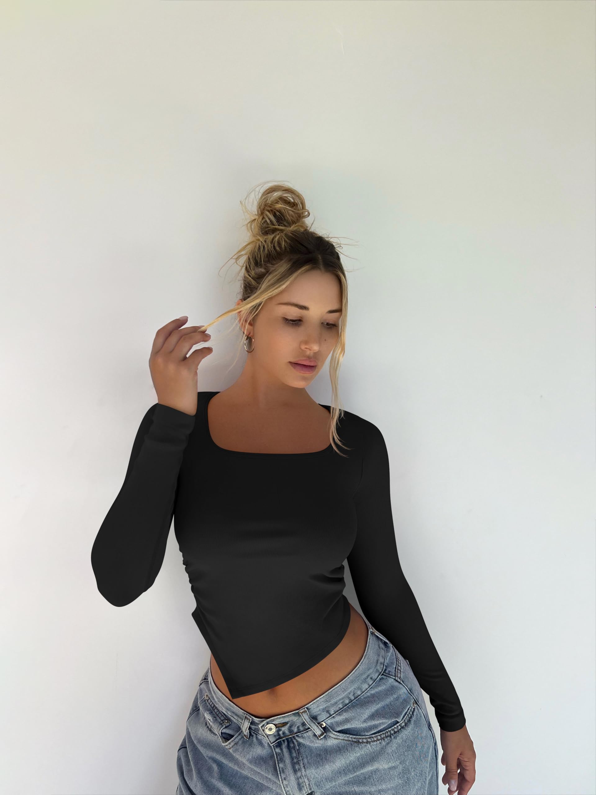 OQQ Women's 2-Piece Long Sleeve Square Neck Ruched Stretch Fitted Tee Shirts Set - Trendy Irregular Hem Tops for Casual Wear, Date Night & Office Outfits