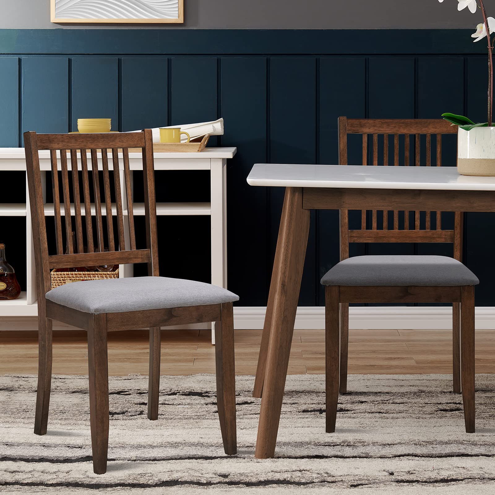 DUHOME Set of 2 Wooden Dining Chairs - Farmhouse Kitchen Chairs with Backrest & Upholstered Seat - Rustic Walnut Side Chairs for Dining Room, Living Room & Home Decor