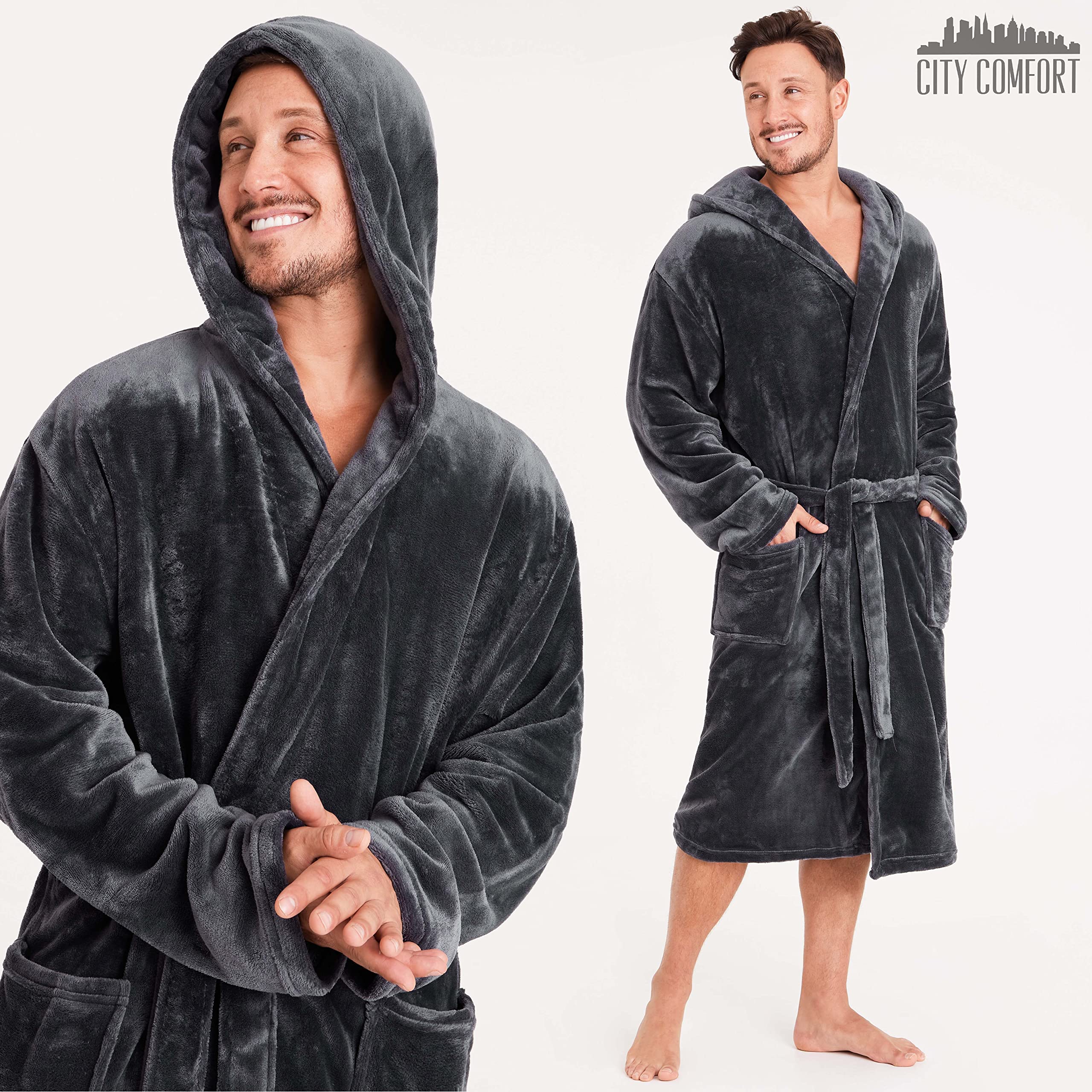 Men's Fleece Robe with Hood - Super Soft & Cozy Bathrobe for Lounge, Spa & Winter Wear - Warm Hooded Dressing Gown for Relaxation at Home