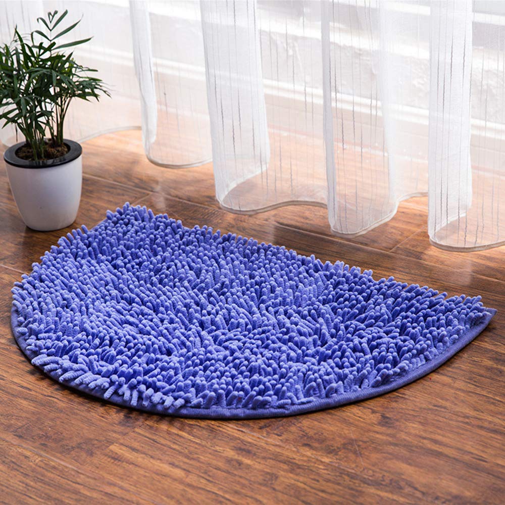 Soft Shaggy Chenille Half Round Bath Mat - Non-Slip Machine Washable Bathroom Rug for Shower, Tub & Vanity Area - Semicircle Floor Mat for Living Room, Bedroom, Kitchen & Dining Room - Blue Home Decor