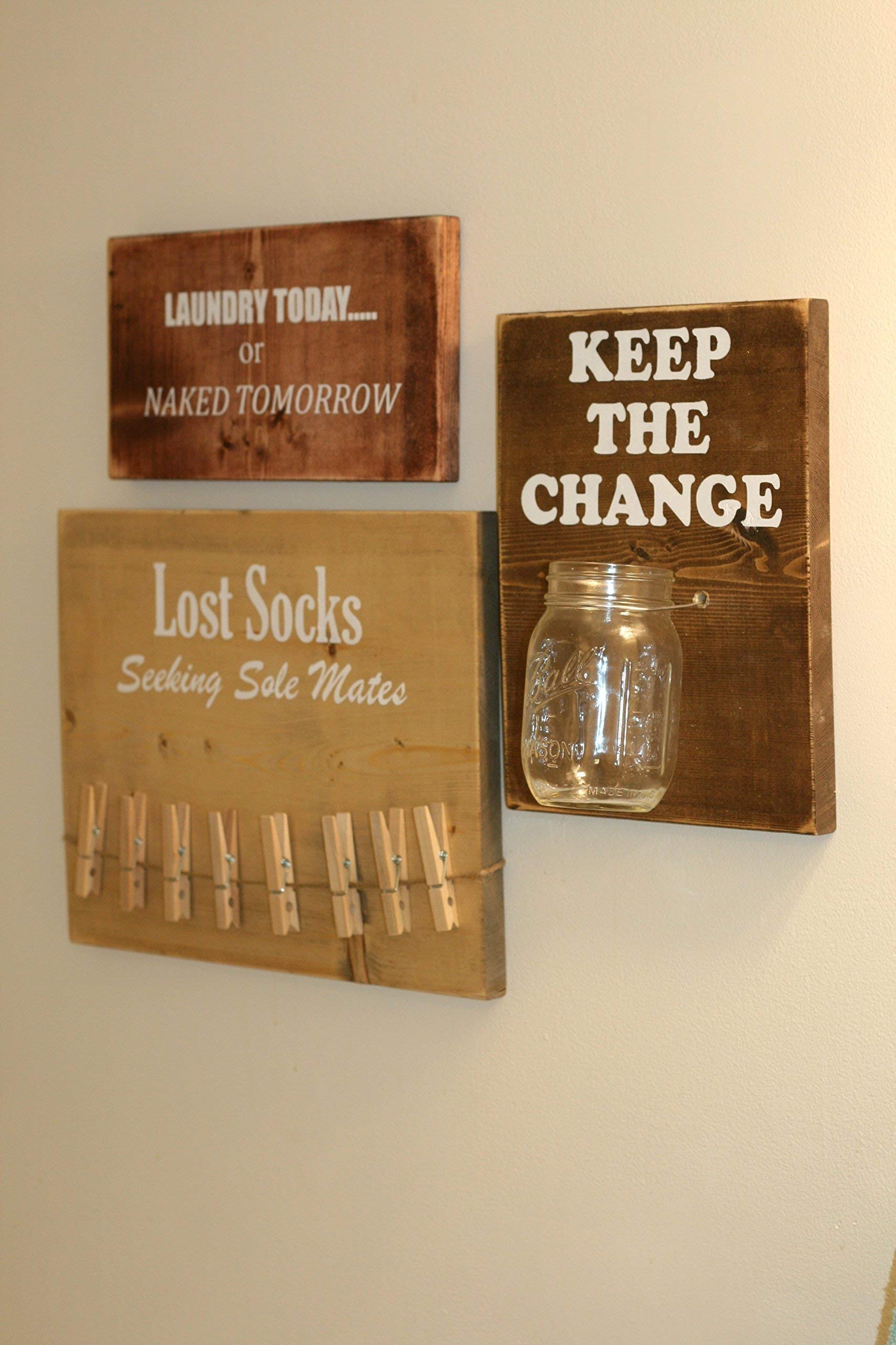 Funny Laundry Room Signs Set of 3 - Lost Socks, Keep The Change & Laundry Today or Naked Tomorrow - Humorous Wall Decor for Laundry Room, Bathroom or Housewarming Gift
