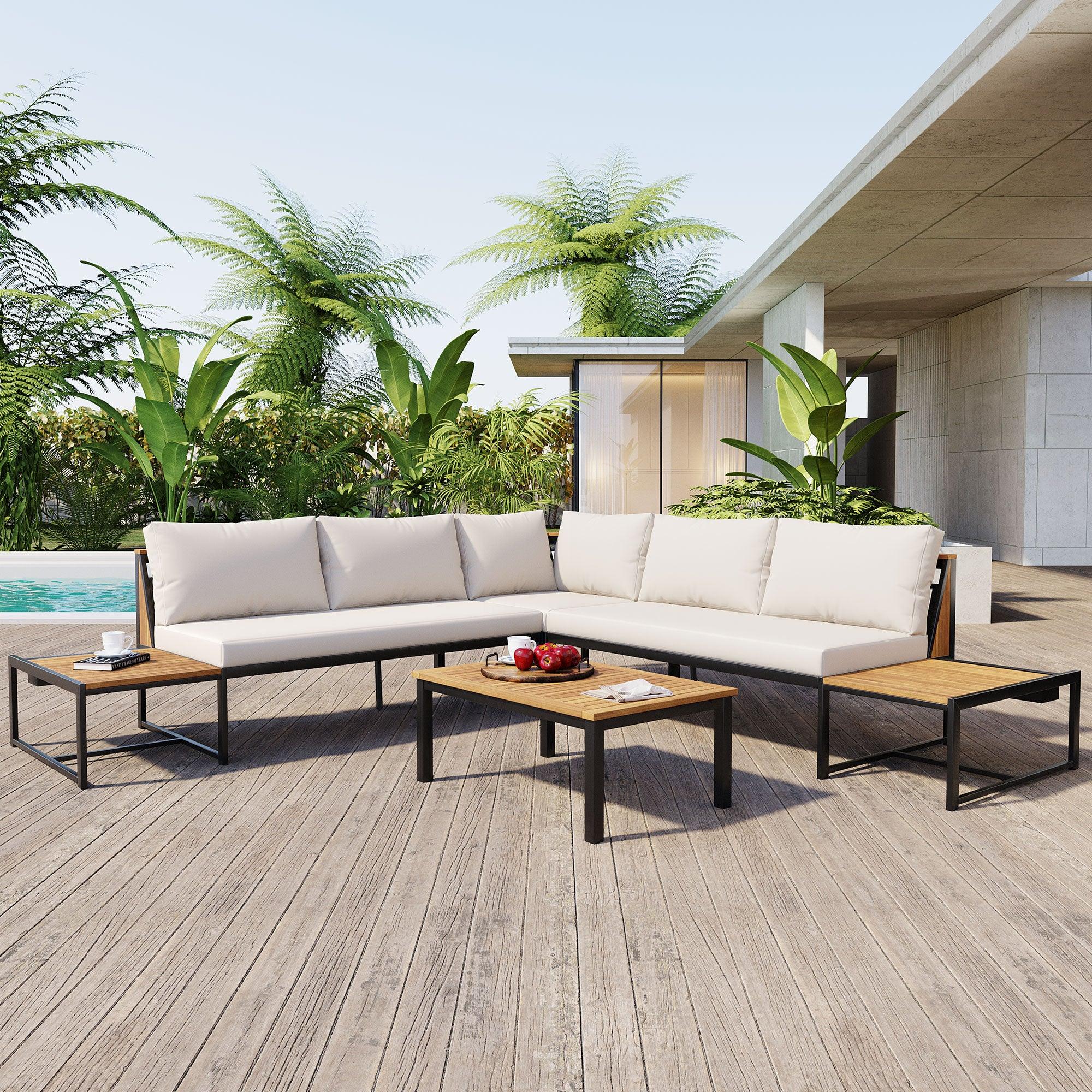 4-Piece Outdoor Patio Furniture Set with Loveseats & Waterproof Cushions - Durable Iron Wood Design for Garden, Backyard, Poolside - Perfect for Relaxing, Entertaining & Outdoor Dining