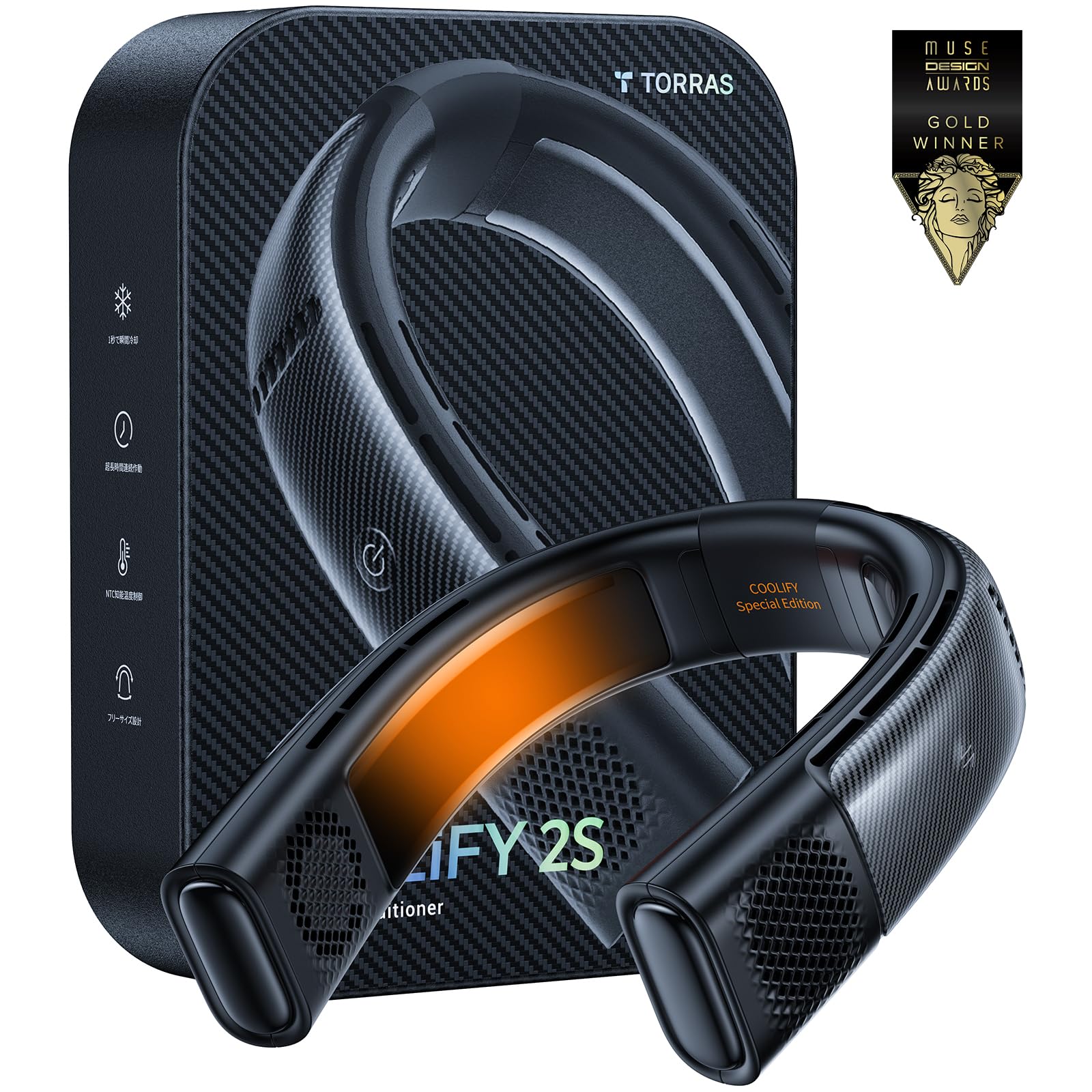 TORRAS COOLIFY 2S Limited Edition Neck Air Conditioner - Portable Cooling Fan with Smart App Control, Long Battery Life, Rechargeable (Black/Orange-Blue) - Perfect for Outdoor Activities, Travel, and Office Use