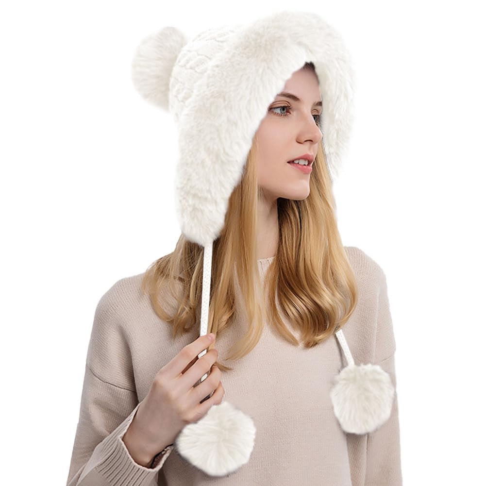 Rayson Women's Knitted Beanie with Ear Flaps & Faux Fur Pompom - Winter Warm Skull Cap with Fleece Lining for Skiing, Snowboarding & Outdoor Activities