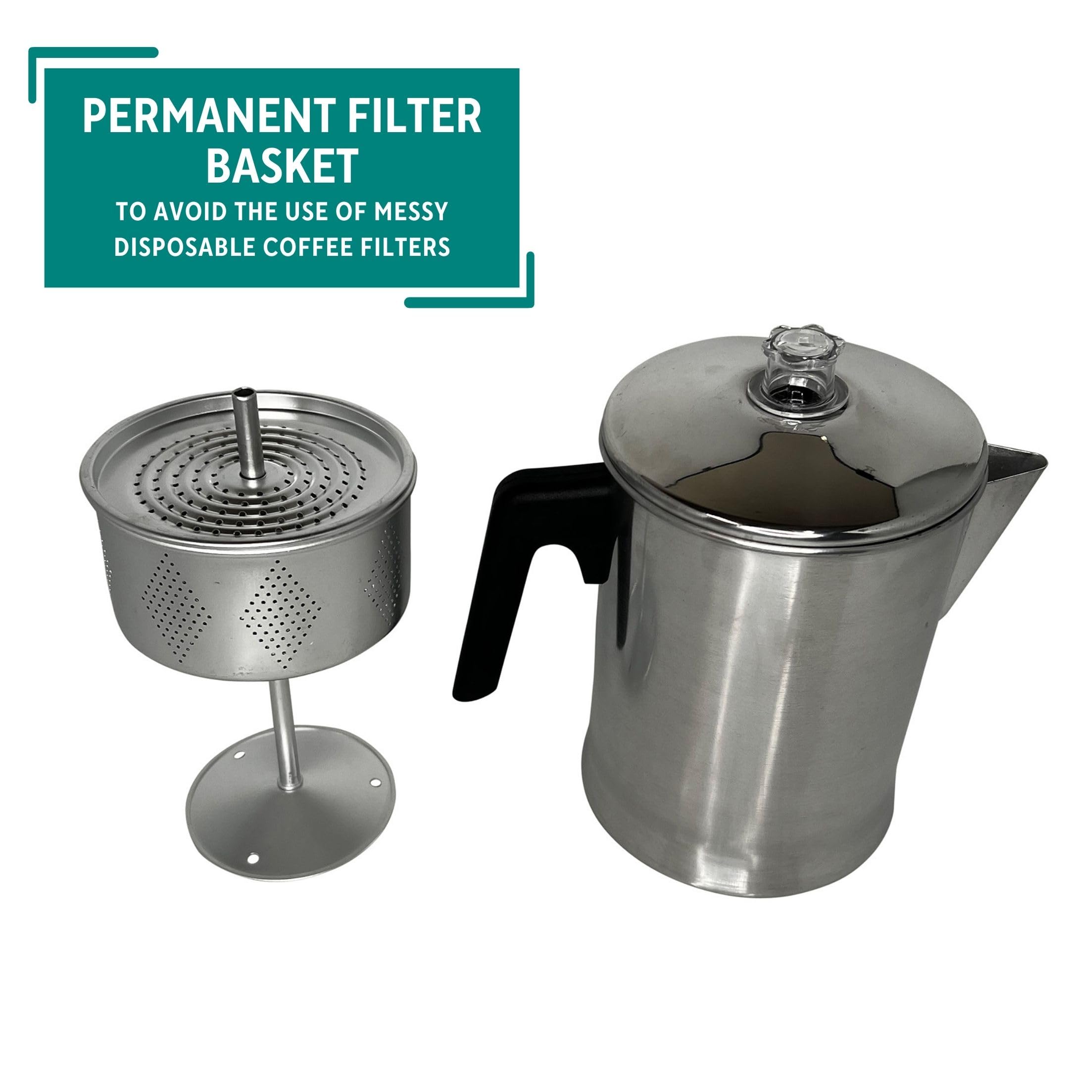 Mirro Aluminum Stove Top Percolator - 9 Cup Silver Coffee Maker for Gas & Electric Stoves | Perfect for Camping, Home Brewing & Outdoor Adventures