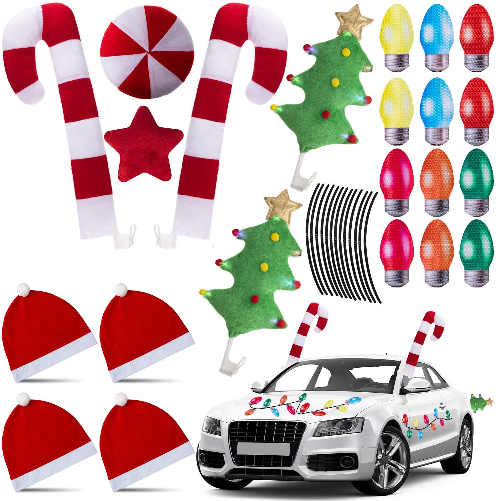 44 Pcs Christmas Car Decorations Set - Reindeer Antlers & Nose, Green Tree Decor, 12 Reflective Bulb Magnets, 22 Magnetic Wire Ornaments, 4 Headrest Covers | Holiday Car Accessories for Festive Vehicle Decoration & Christmas Party Decor