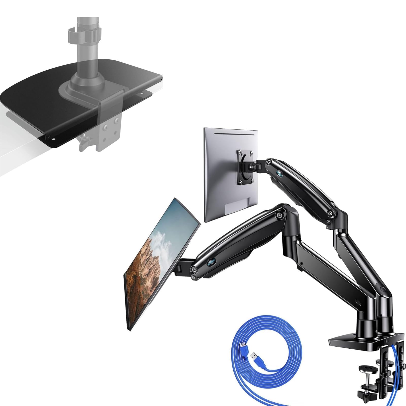 HUANUO Dual Monitor Stand for 13 to 35 inch Screens - Heavy Duty Steel Monitor Mount with Reinforcement Plate for Thin, Glass & Fragile Desktops - Perfect for Home Office, Gaming Setup & Workspace Organization