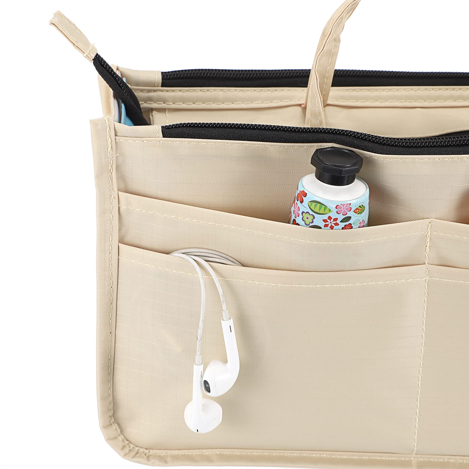 BTSKY Handbag Organizer Insert - 13 Pocket High Capacity Purse Organizer with Handle for Tote Bags, Beige | Perfect for Travel, Work & Daily Organization