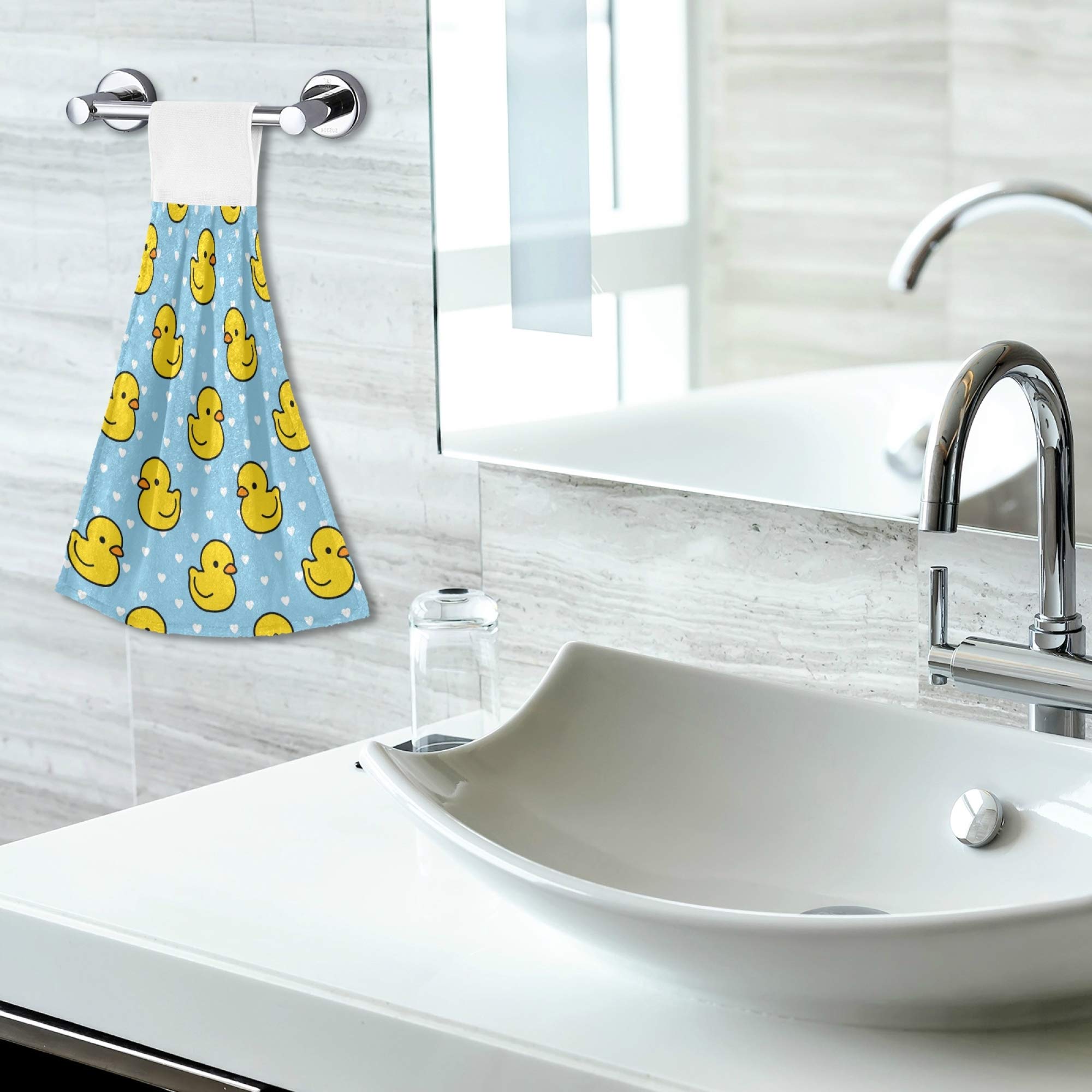 Cute Duck Heart Pattern Kitchen Hand Towels - Set of 2 Absorbent Hanging Towels with Hook & Loop for Bath & Kitchen | Perfect for Dish Drying, Hand Wiping & Decorative Home Use