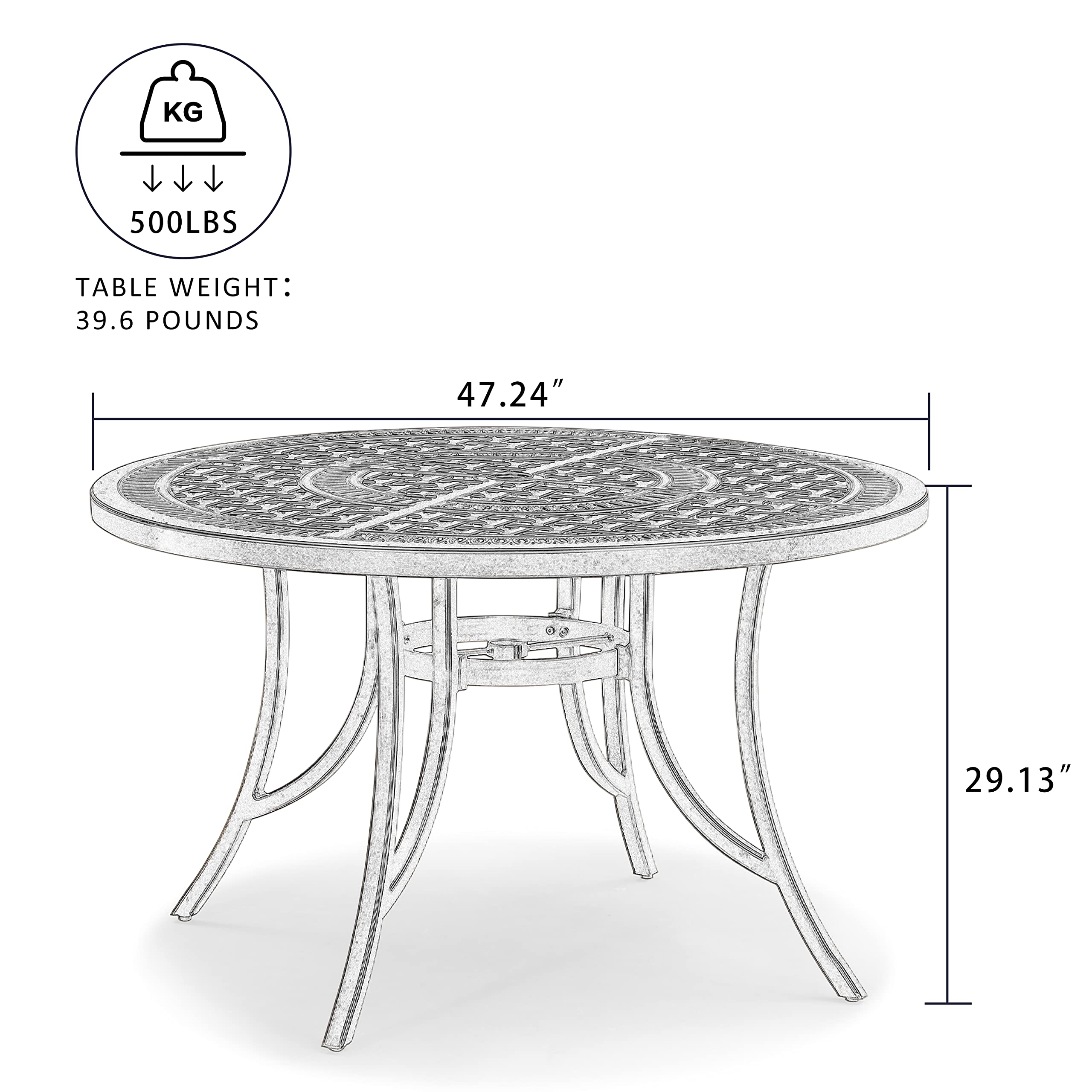 PURPLE LEAF 47 Inch Outdoor Round Dining Table - Weather-Resistant Cast Aluminum Patio Table with Umbrella Hole for Backyard, Lawn, Balcony & Deck - Perfect for Outdoor Dining, Entertaining & Relaxing