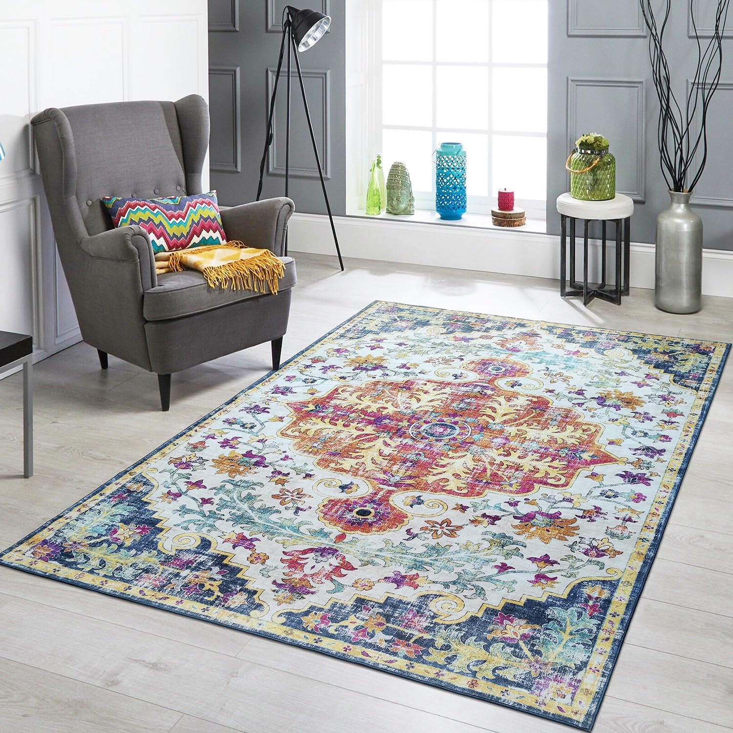Machine Washable 8x10 Ft Mandala Area Rug - Stain Resistant Polyester Rug with Colorful Pattern for Bedroom & Living Room - Blue Modern Home Decor for Cozy Spaces & Boho Style Interiors