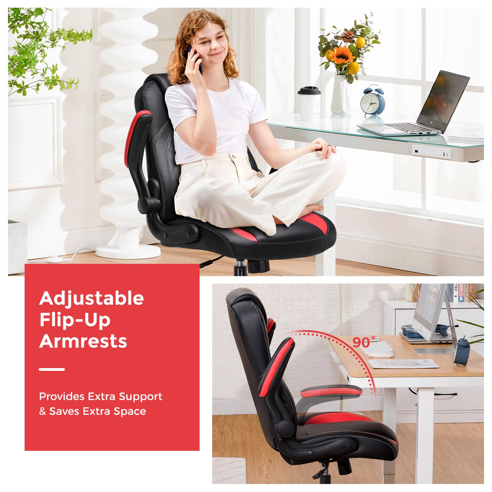 GTPLAYER Ergonomic Gaming Chair with Flip-Up Armrests, Rocking Function & Height Adjustment - High-Density Sponge Computer Chair for Office, Streaming, Esports (Red) - Perfect for PC Gaming, Home Office & Game Room Setup