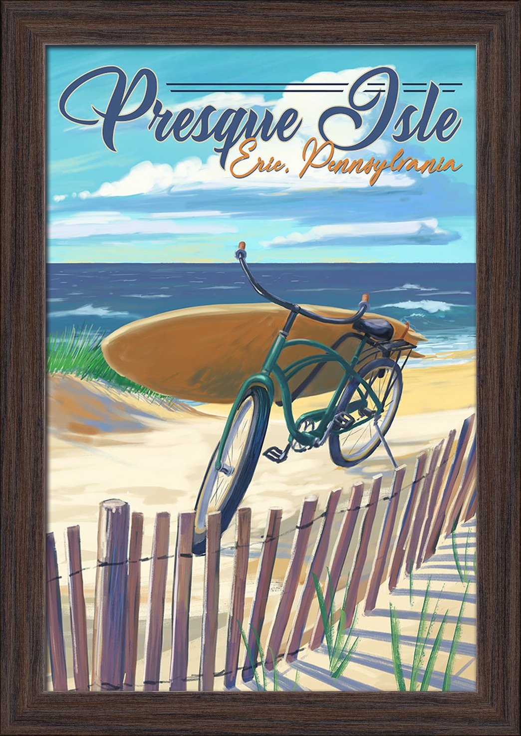12x18 Giclee Fine Art Print of Presque Isle Pennsylvania Beach Cruiser - Recycled Wood Frame in Espresso Brown - Coastal Wall Decor for Living Room, Bedroom or Office
