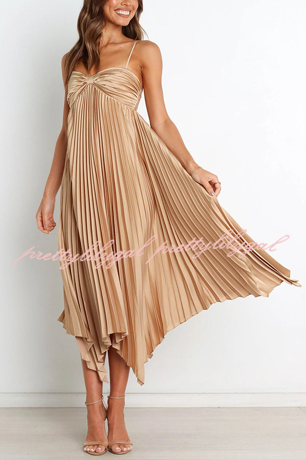 Elegant Solid Color Sexy Suspender Pleated Midi Dress for Women - Trendy Irregular Hem Party & Date Night Outfit