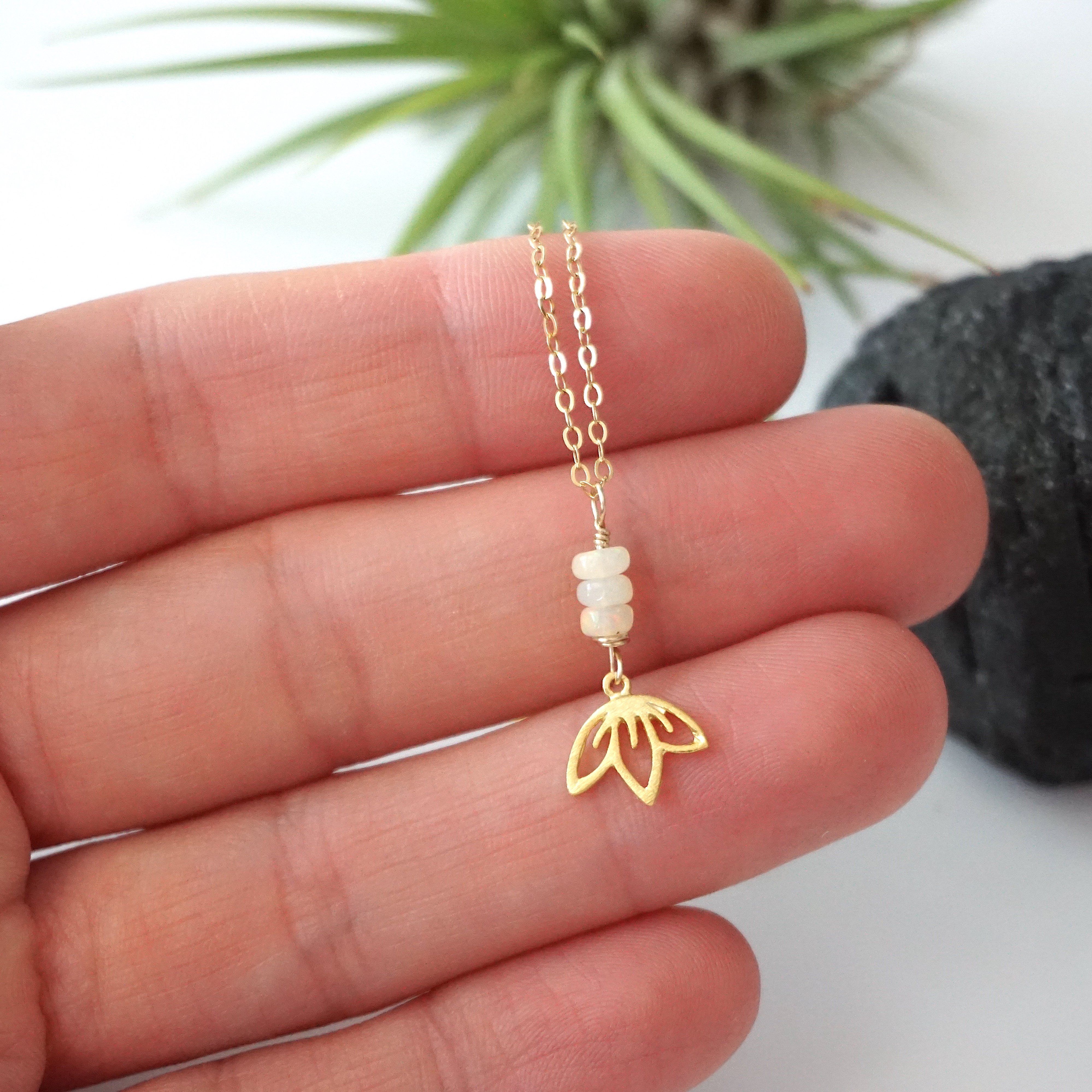 Fire Opal Necklace with 3 Bead Lotus Charm - 14K Gold Filled Jewelry for Women | Elegant Gift for Birthday, Anniversary & Special Occasions
