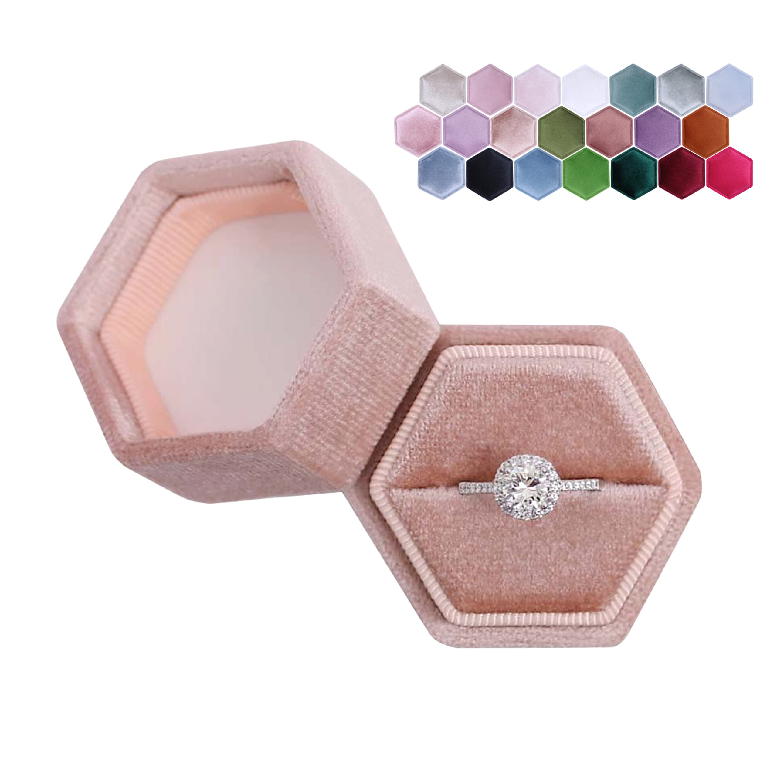 Hexagon Velvet Jewelry Box - Single Slot Ring Holder for Engagement & Wedding Rings - Keepsake Gift Box for Bridal Photos - Blush Peach - Perfect for Proposals, Vow Renewals & Anniversary Gifts