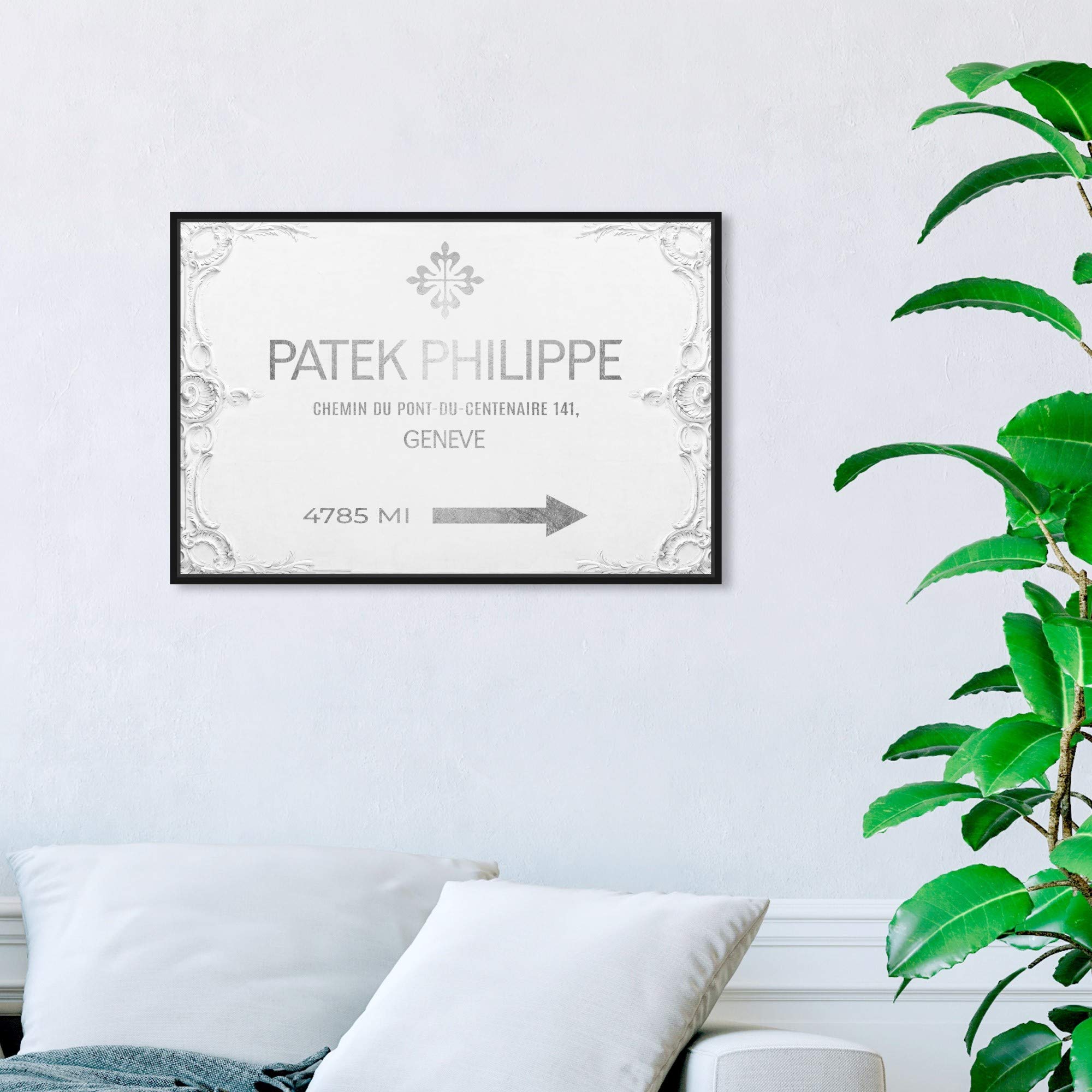 Oliver Gal Artist Co. Fashion & Glam Wall Art Framed Canvas Print - Geneva Watches Road Signs Home Decor, 24x16 Inches, Gray & White - Perfect for Living Room, Bedroom or Office Wall Decor