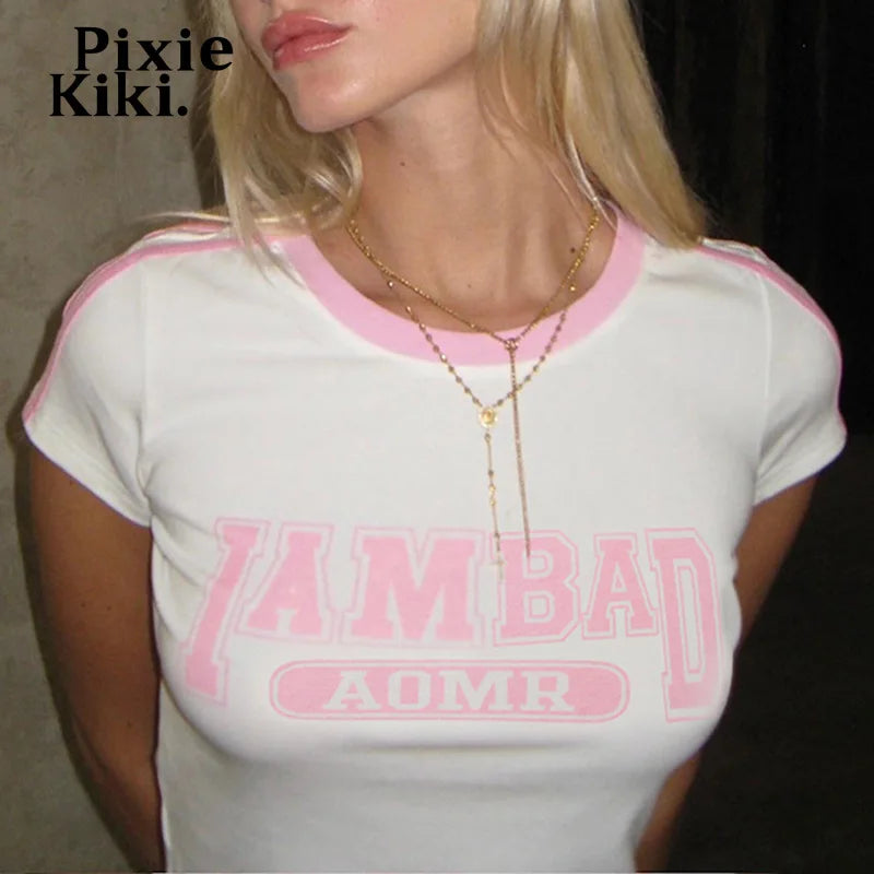Vintage 2000s Y2K Baby Tee for Women - Pink Letter Graphic Print Casual Crop Top | Summer Fashion T-Shirt | Perfect for Music Festivals, Beach Outings & Retro Parties