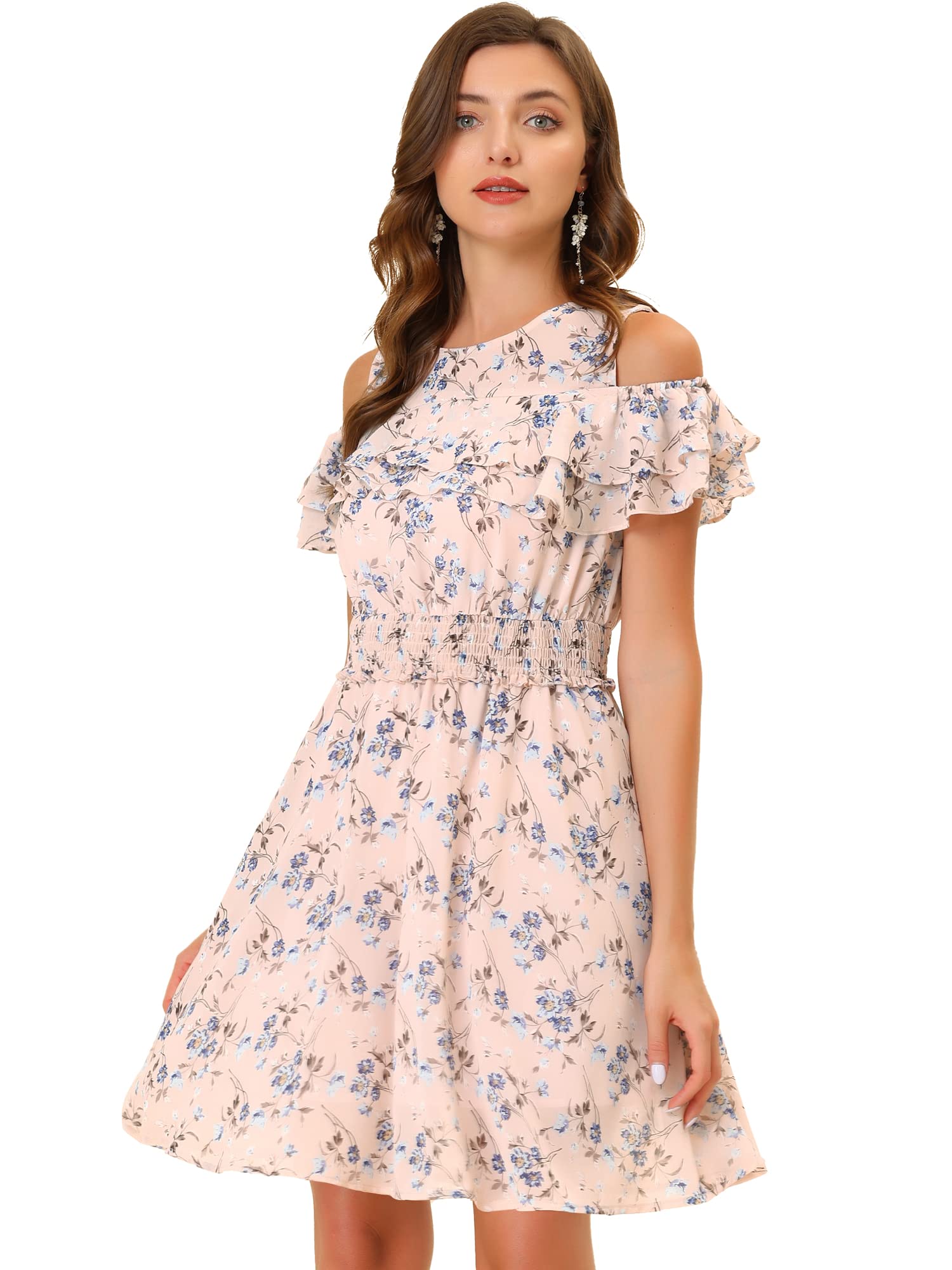 Allegra K Women's Summer Floral Chiffon Cold Shoulder Mini Dress with Smocked Waist - Perfect for Beach Vacations, Date Nights & Summer Parties