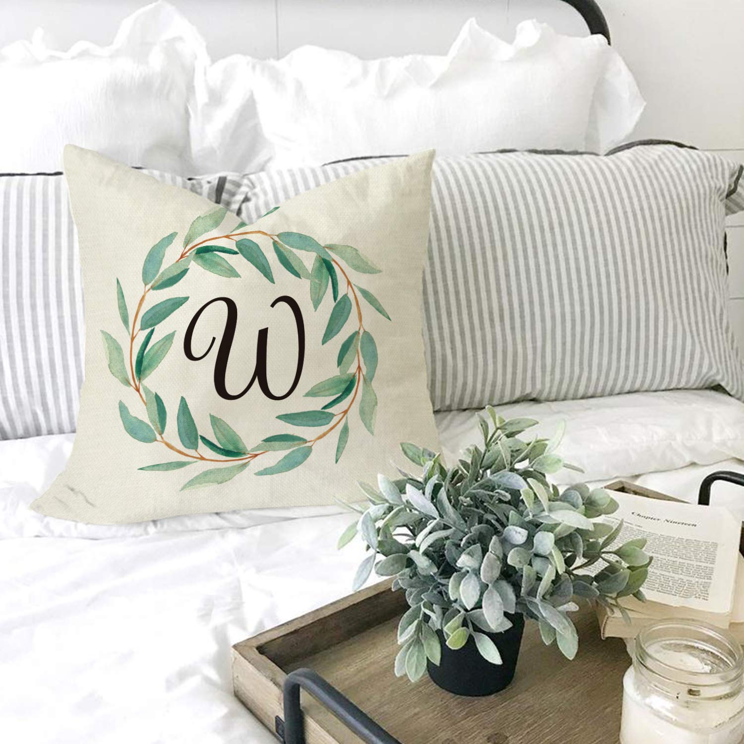Custom Monogram Initial & Family Name Throw Pillow Cover - 18x18 Inch Linen Cushion Case with Wreath & Leaves Design for Sofa, Couch - Perfect for Home Decor, Living Room, Bedroom, and Seasonal Decor (Spring/Summer)