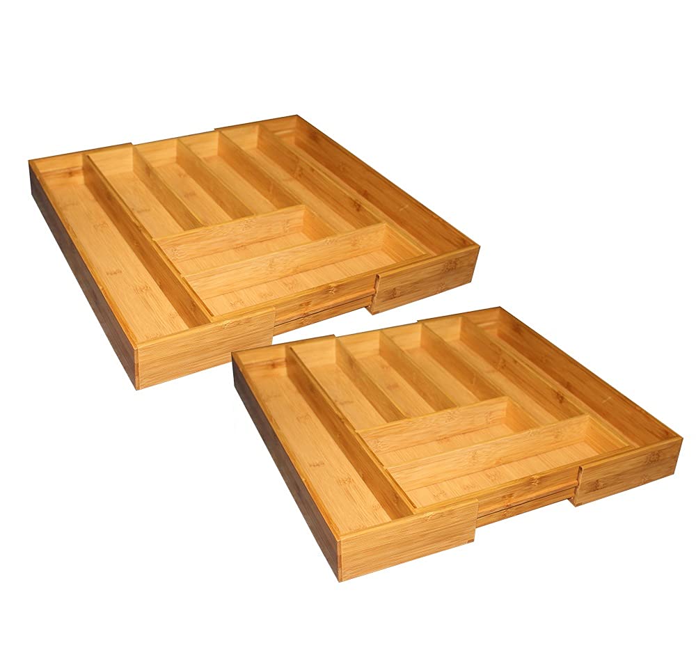 Expandable Bamboo Drawer Organizer with 8 Adjustable Compartments - Kitchen Utensil Tray, Cutlery Holder for Craft, Sewing, Office, Bathroom Storage - Perfect for Organizing Spices, Makeup, Office Supplies & Small Items (2-Pack)