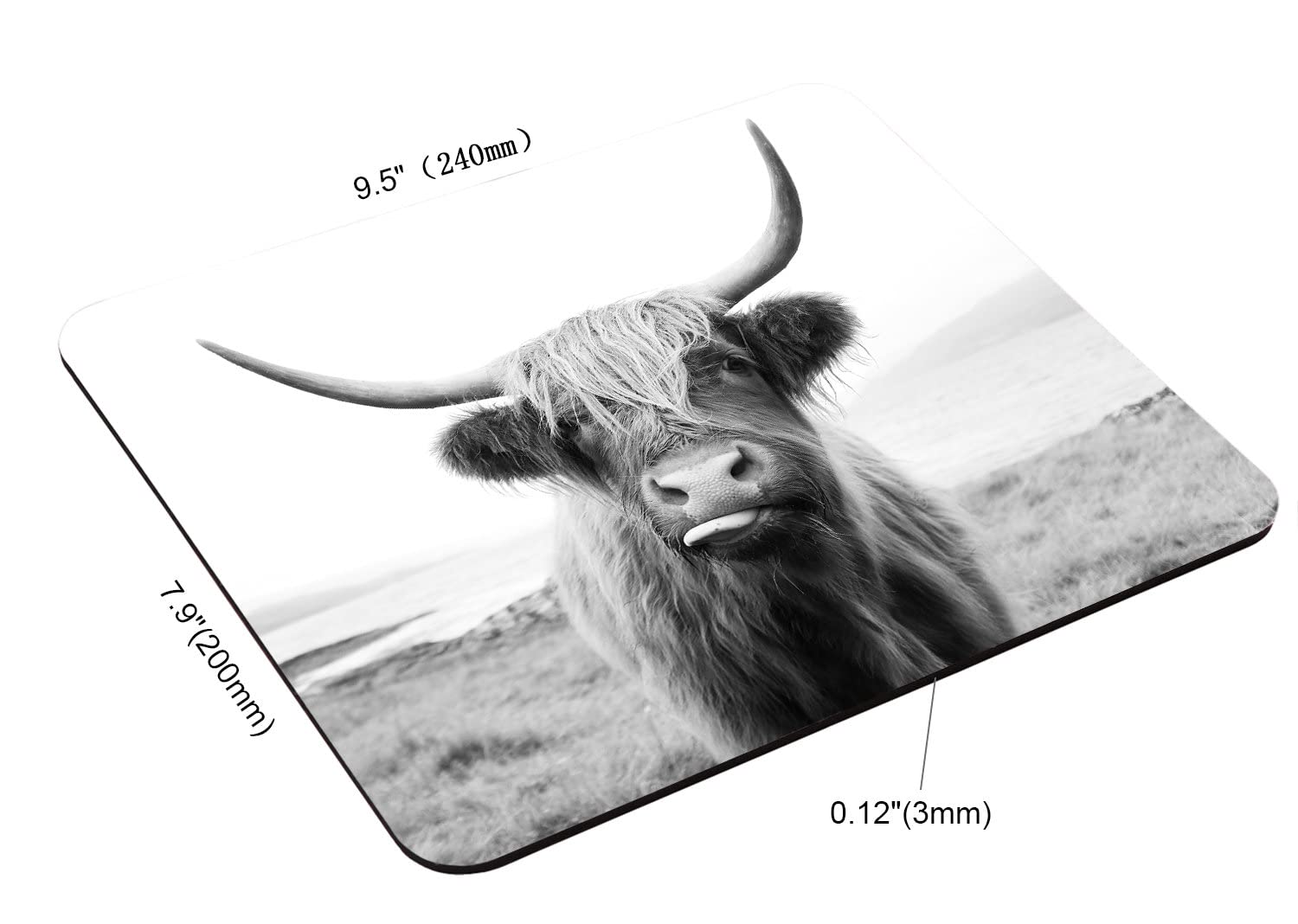 Premium Non-Slip Mouse Pad with Scottish Highland Cow Design - Black & White Isle of Mull Themed Office Accessory (9.5