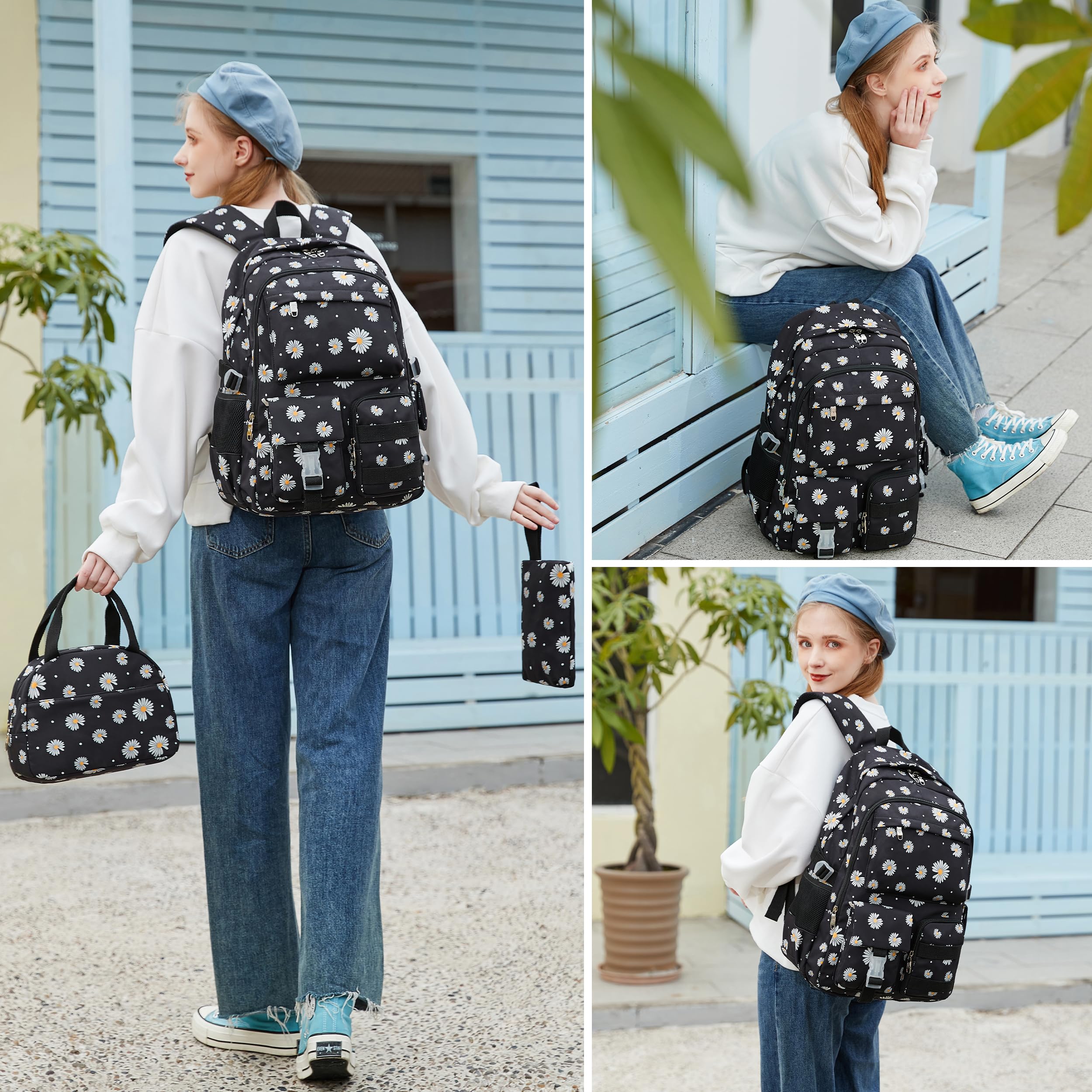**Daisy Print School Backpack for Girls - Lightweight Bookbag with Lunch Box Set - Perfect for Teen Girls, School, Travel & Daily Use**