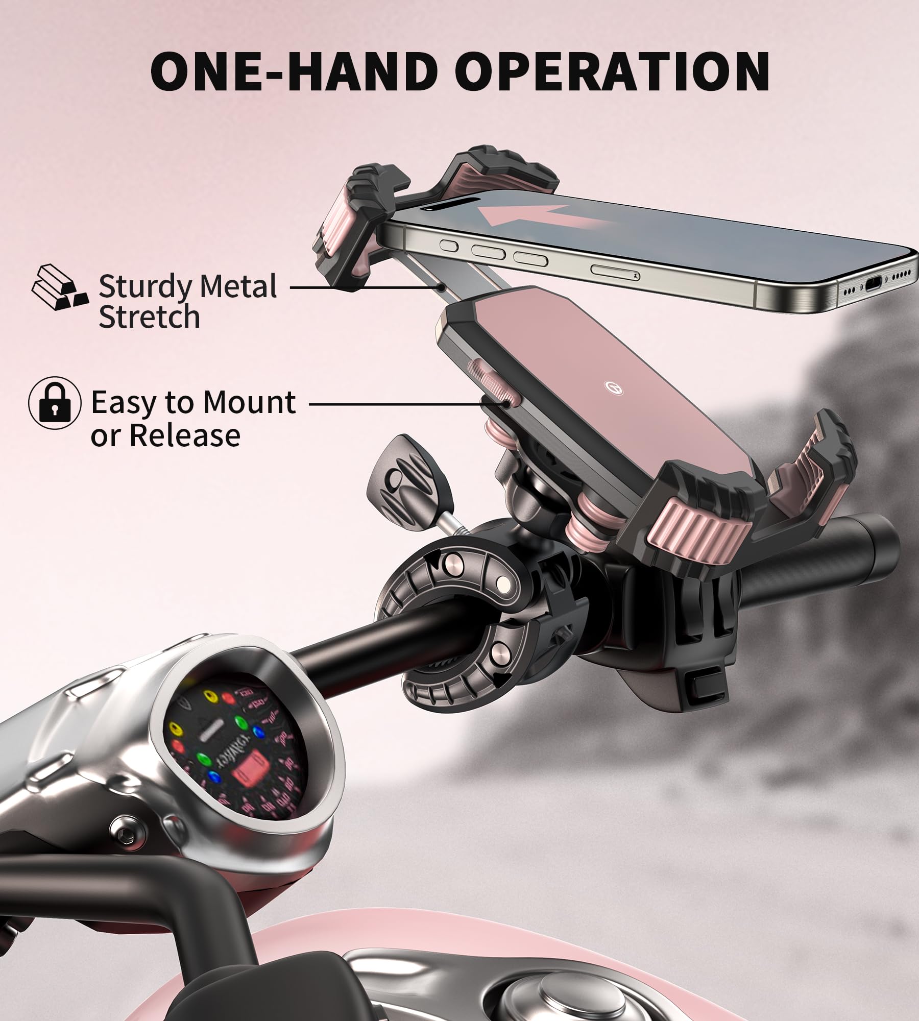 Motorcycle Phone Mount - Anti Vibration Bike Phone Holder for Motorcycles & E-Bikes | Universal Smartphone Cradle for Women & Men | Perfect Birthday Gift & Motorcycle Accessories (Pink) | Ideal for Commuting, Road Trips & Outdoor Adventures