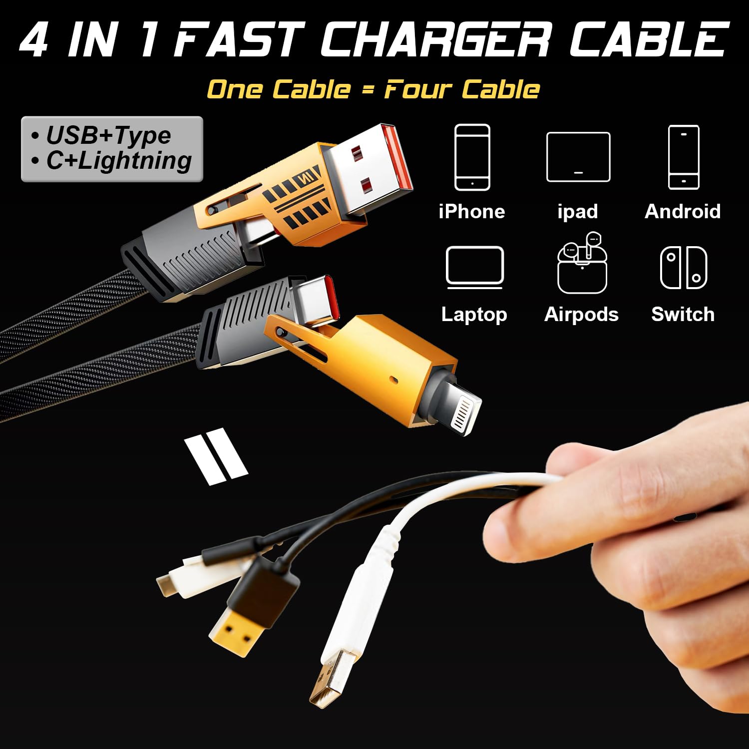UoQo 4-in-1 Fast Charging Cable Combo (2 Pack) - 65W High-Speed Charger with USB-C & Lightning Ports for iPhone 15/14/13, iPad, MacBook, Samsung Galaxy - 3.3ft Tangle-Free Braided Cable for Home, Office & Travel Charging