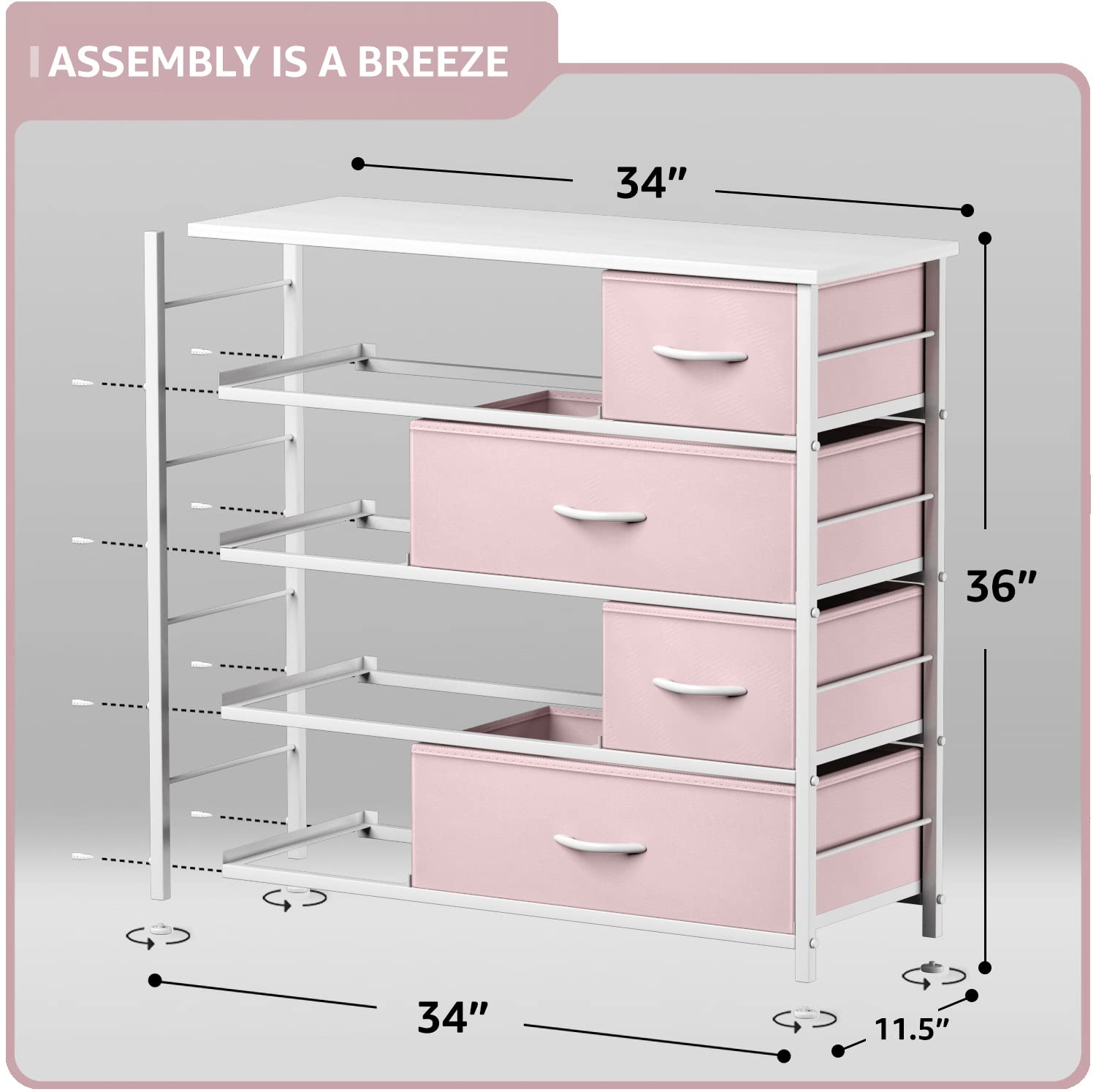 Sorbus 8-Drawer Dresser with Steel Frame & Wood Top - Kids Bedroom Storage Organizer for Clothes, Toys, Nursery & Playroom - Pink Fabric Bins for Home Organization & Space Saving