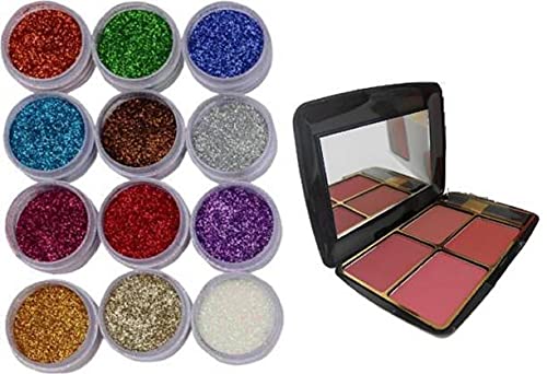 Elecsera 12 Color Glitter Shimmer Eyeshadow Palette with 4 Color Blusher Kit - Professional Face Makeup Set for Day & Night Looks, Party & Special Occasions