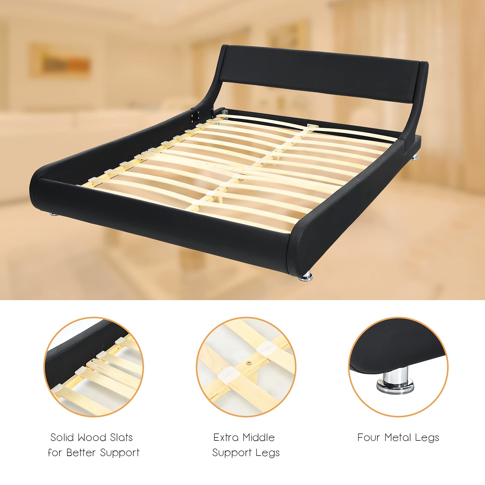 Giantex Full Size Upholstered Platform Bed Frame with Adjustable Headboard - Faux Leather Low Profile Curved Design, Wood Slat Support, No Box Spring Needed - Perfect for Modern Bedrooms, Guest Rooms & Small Spaces