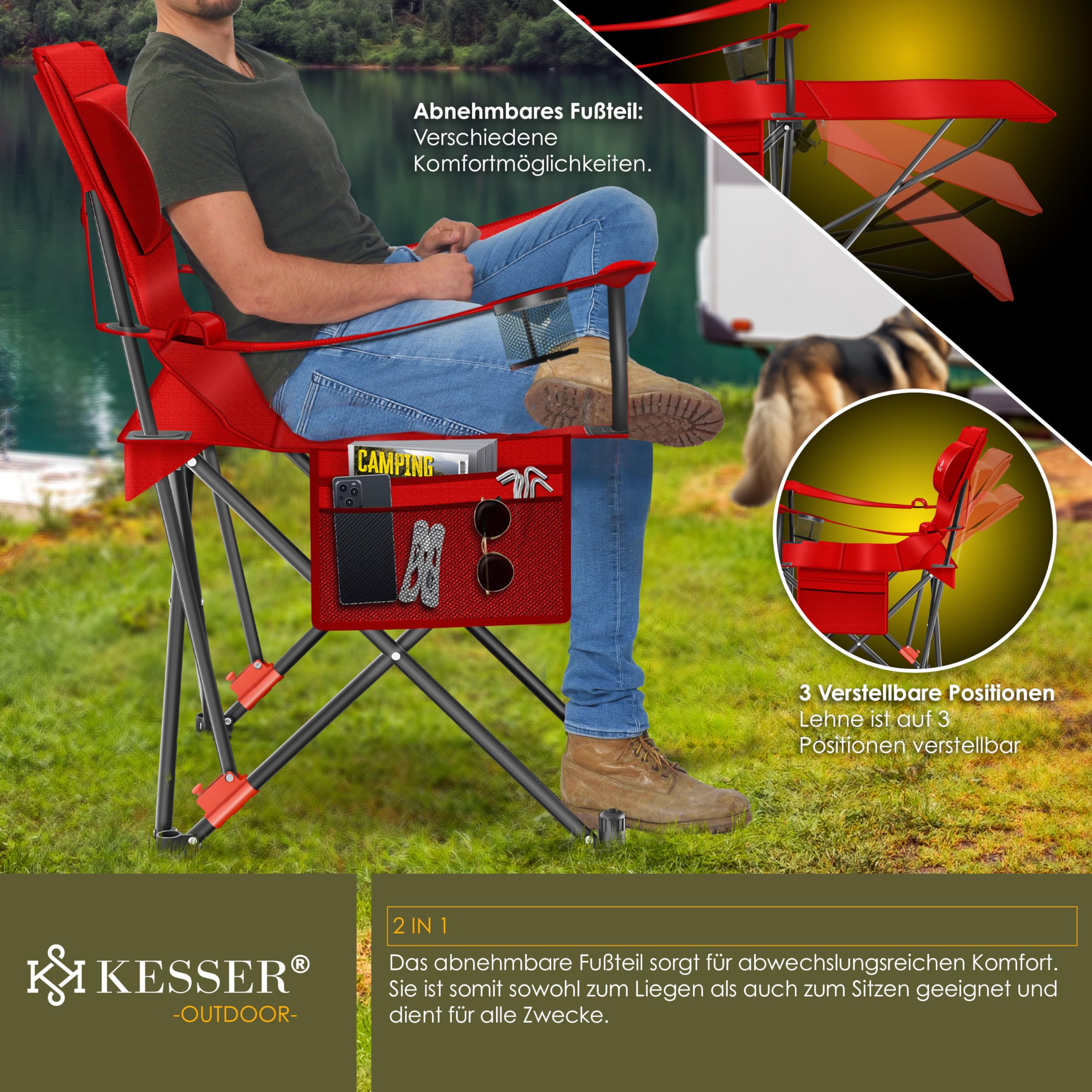 KESSER® 2-in-1 Folding Camping Chair & Bed - Heavy Duty 350lbs Capacity, Extra Wide Portable Lounger with Adjustable Backrest, Drink Holder & Storage Bag | Perfect for Camping, Beach, Fishing, Backyard Relaxing & Outdoor Adventures