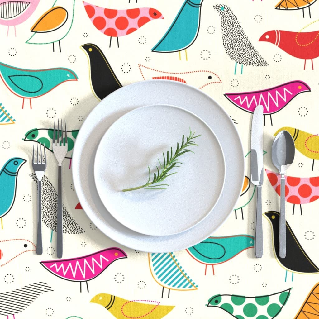 Custom Cotton Sateen Tablecloth 70x144 inches - Modern Rainbow Bird Print, Scandinavian Nursery Decor, Gender Neutral Yellow Midcentury Design for Dining & Special Occasions