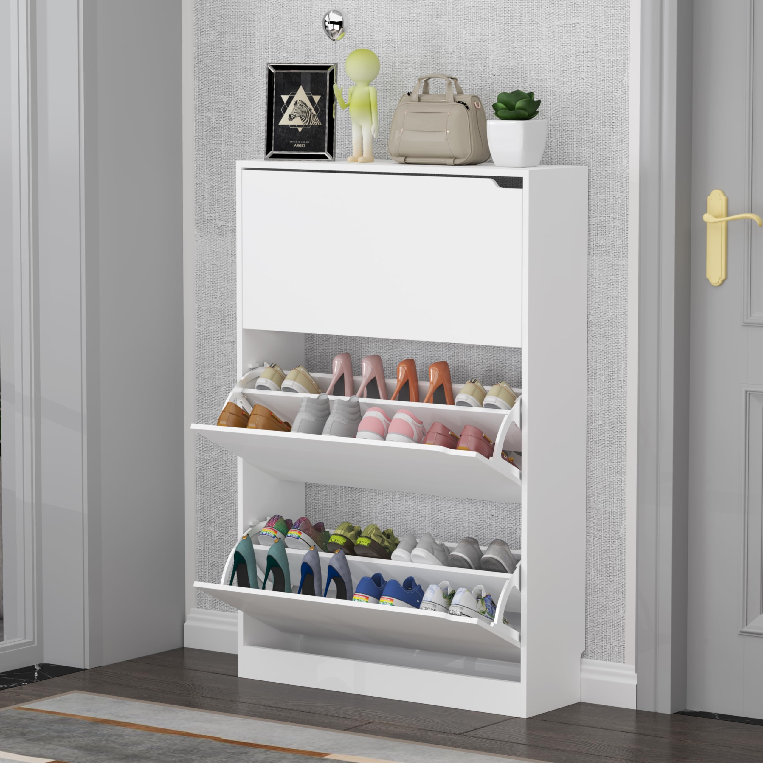 White Shoe Cabinet with 3 Flip Drawers - Entryway & Hallway Storage Organizer (9.33