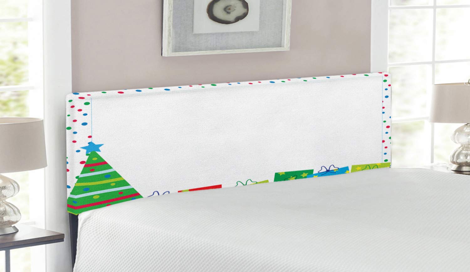 Ambesonne Upholstered Decorative Metal Bed Headboard with Memory Foam - Christmas New Year Pine Tree & Dots Design - Queen Size Multicolor Headboard for Bedroom Decor & Holiday Party Themes